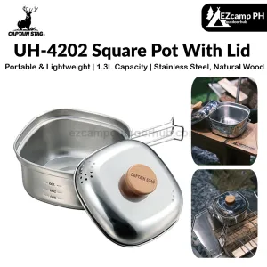 CAPTAIN STAG UH-4202 Square Pot With Lid Portable Foldable Lightweight 1.3L Stainless Steel Outdoor Camping Cookware Cooking Equipment Made in Japan