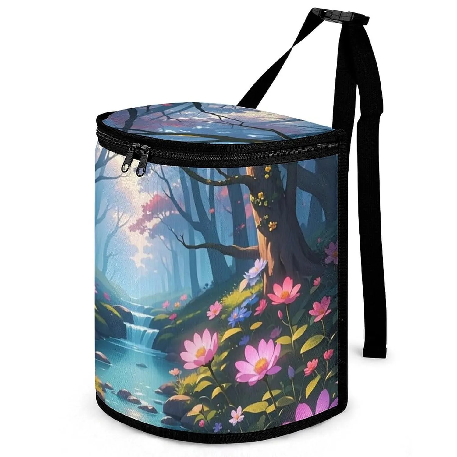 Car Trash Can for Men Spill Proof Car Garbage Bag Radiant Flowers and Stream Forest Car Hanging Garbage Bin for Women Storage Pockets for Automobile Truck Minivan SUV