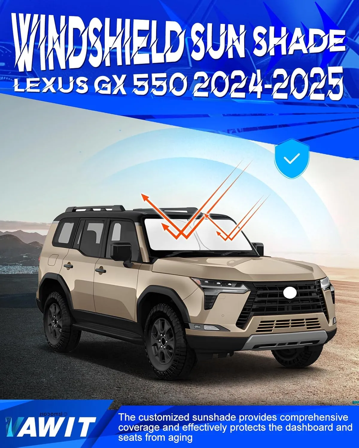 Car Windshield Sun Shade Compatible for 2024 2025 Le-xus GX 550 Accessories, Foldable Window Sunshade Block UV Rays and Sun Heat