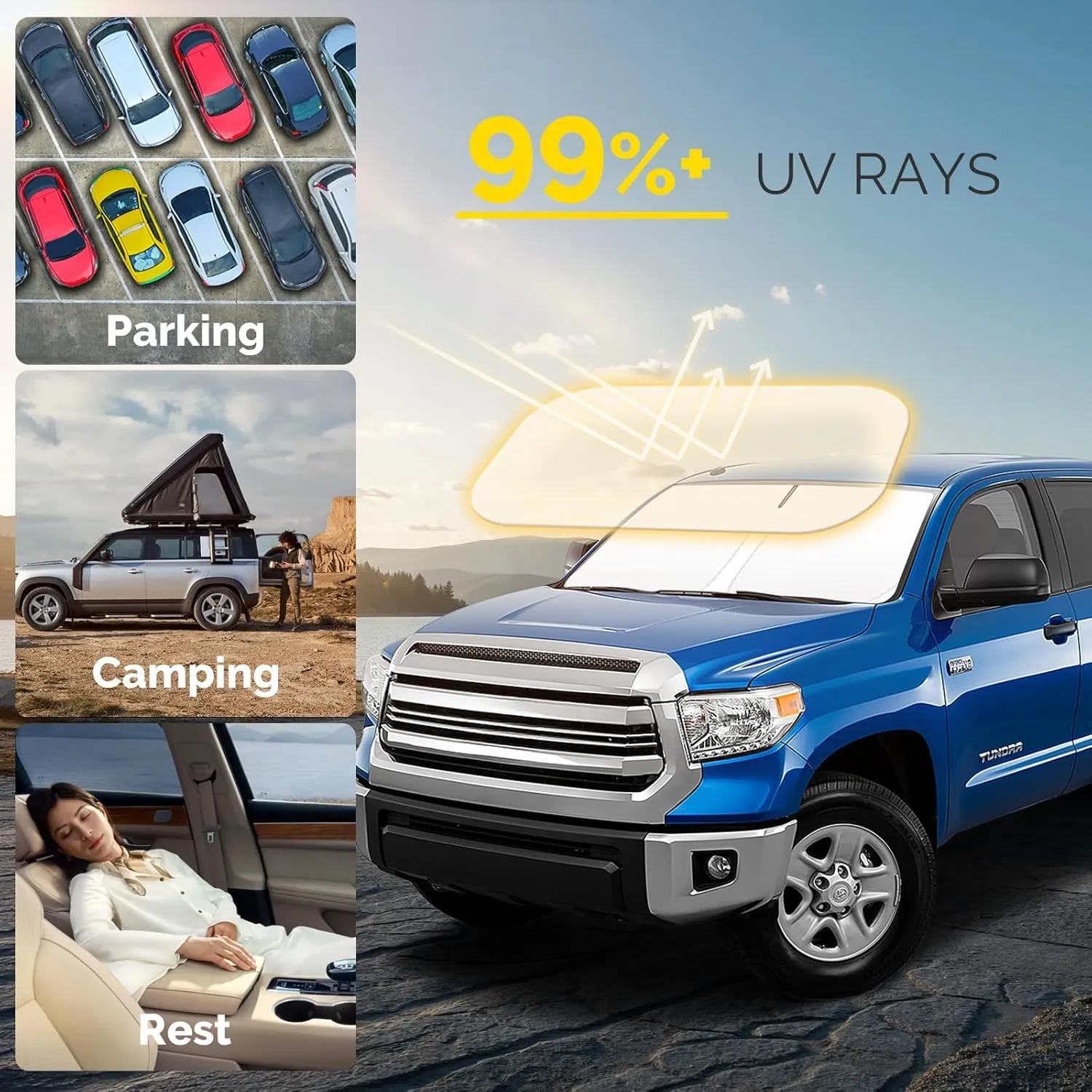Car Windshield Sun Shade Compatible with 2007-2021 Toyota Tundra Accessories Foldable Front Window Sunshade Custom for Tundra Limited SR5 Platinum TRD Pro Pickup Windshield Cover Sun Visor