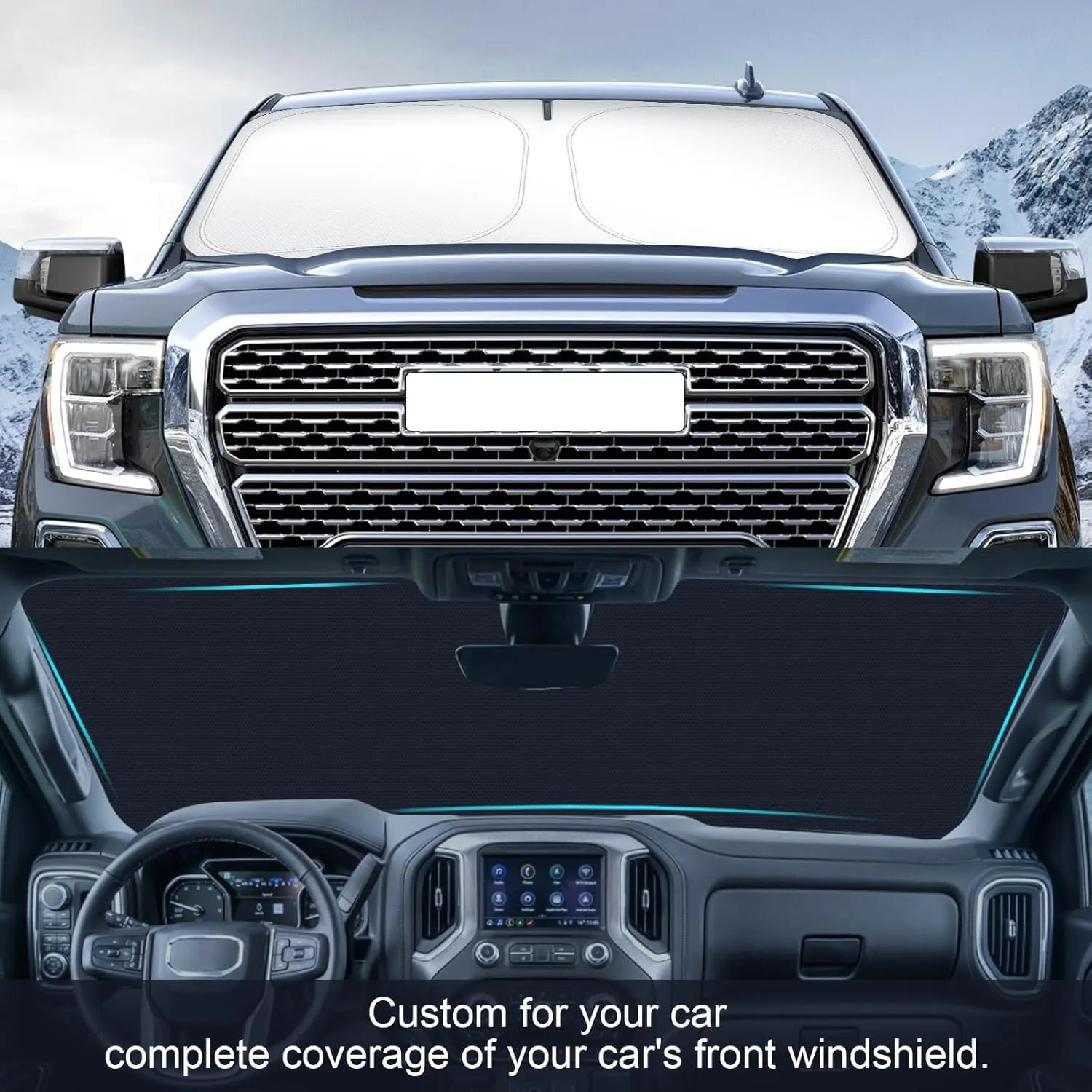 Car Windshield Sun Shade Compatible with 2025 2024 2023 2022 2021 2020 2019 GMC Sierra 1500 2500 3500 SLT, AT4, Denali Accessories Foldable Sunshade Truck Custom Windshield Sun Visor