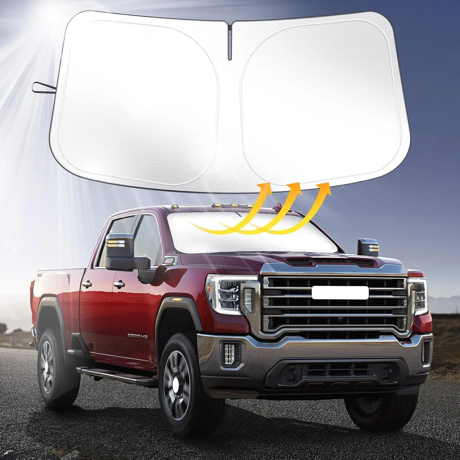 Car Windshield Sun Shade Compatible with 2025 2024 2023 2022 2021 2020 2019 GMC Sierra 1500 2500 3500 SLT, AT4, Denali Accessories Foldable Sunshade Truck Custom Windshield Sun Visor