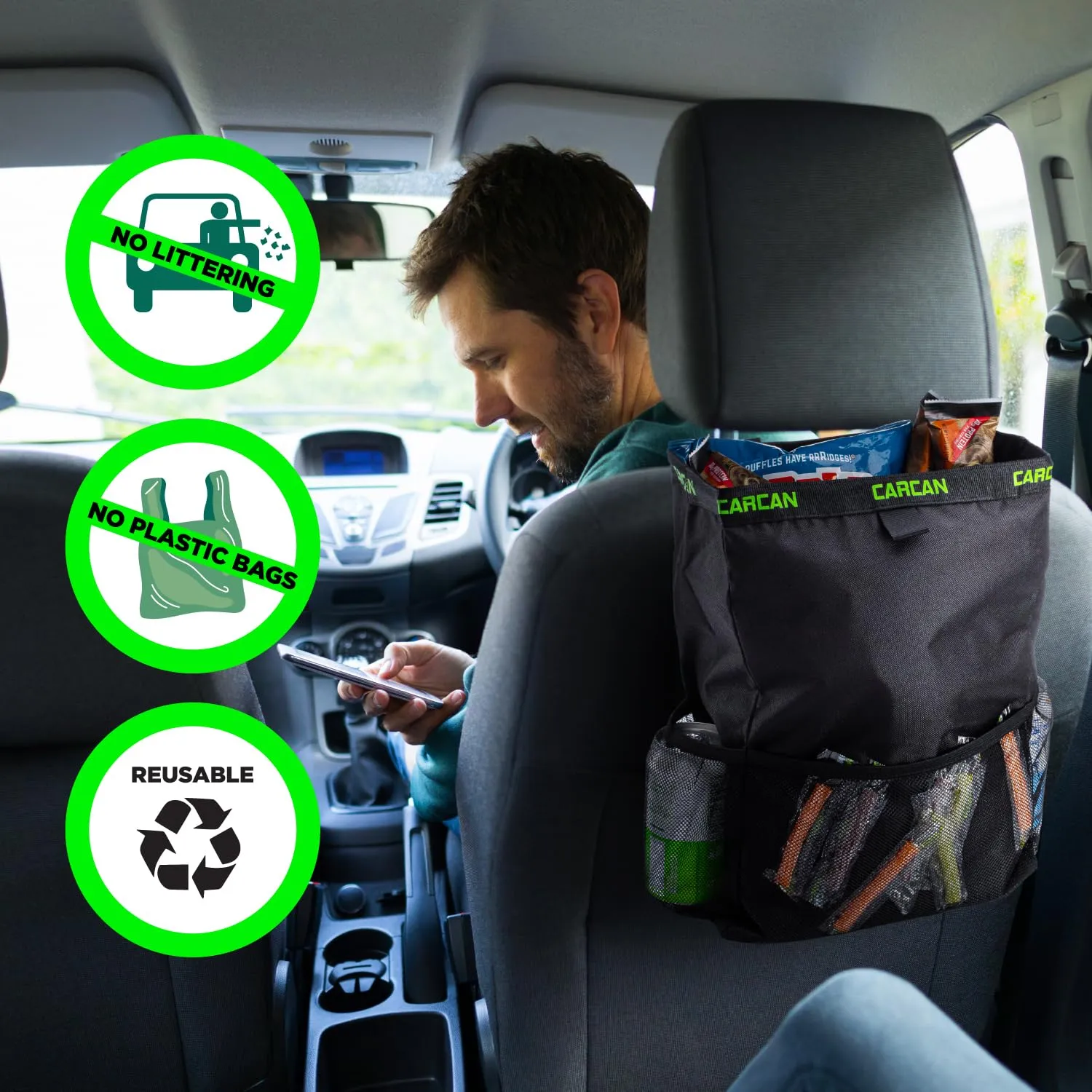 CarCan The Original 3 in 1 Hanging Car Trash Can for Back Seat, Cooler & Storage Bag – Metal Framed, Washable & Reusable Car Trash Bin with 3 Pockets (Pack of 2)