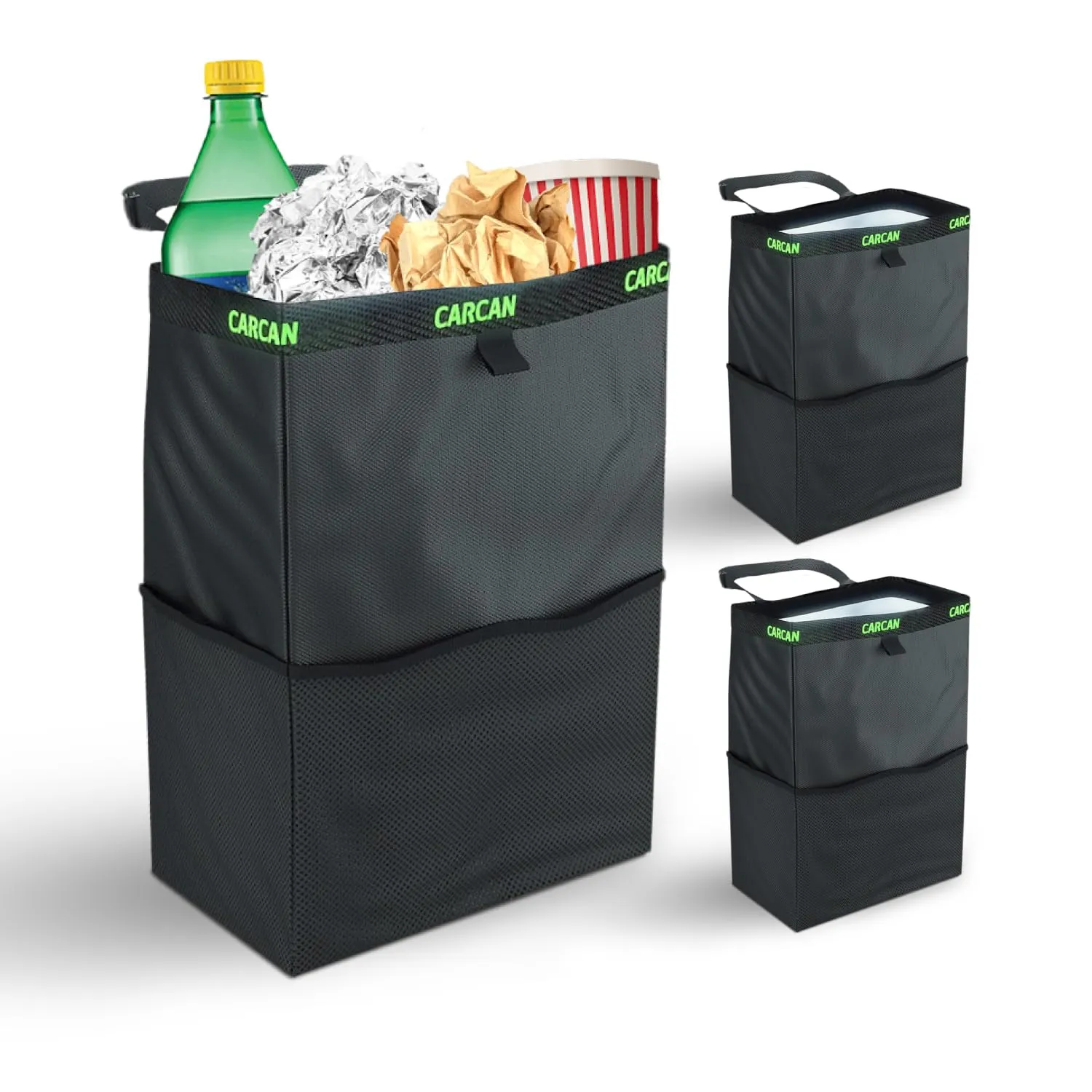 CarCan The Original 3 in 1 Hanging Car Trash Can for Back Seat, Cooler & Storage Bag – Metal Framed, Washable & Reusable Car Trash Bin with 3 Pockets (Pack of 3)