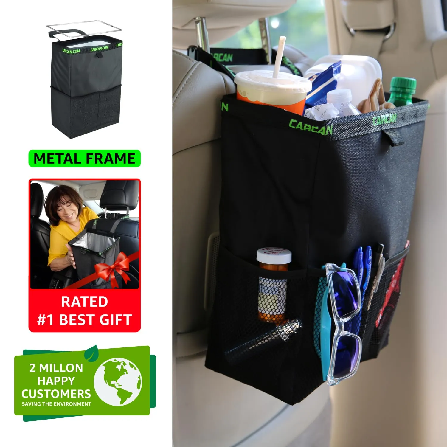 CarCan The Original 3 in 1 Hanging Car Trash Can for Back Seat, Cooler & Storage Bag – Metal Framed, Washable & Reusable Car Trash Bin with 3 Pockets (Pack of 3)