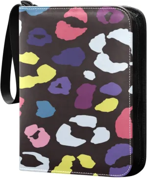 Card Binder 4 Pocket, Trading Card Binder Holder Fits 400 Cards with 50 Sleeves, Card Collection Binder Album Book Holder for Baseball Football Games Cards, Colorful Leopard Print