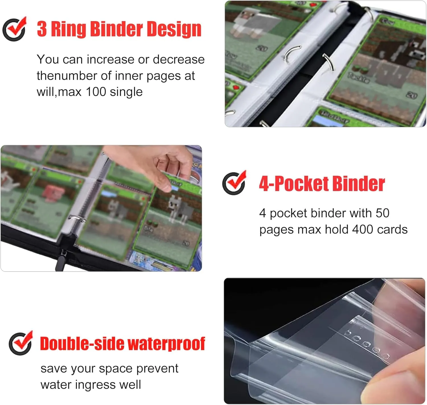 Card Binder with Shoulder Strap, 4 Pocket with 50 Sleeves up to 400 Cards, Waterproof Card Storage Bag for Kids, Game Cards Display Case