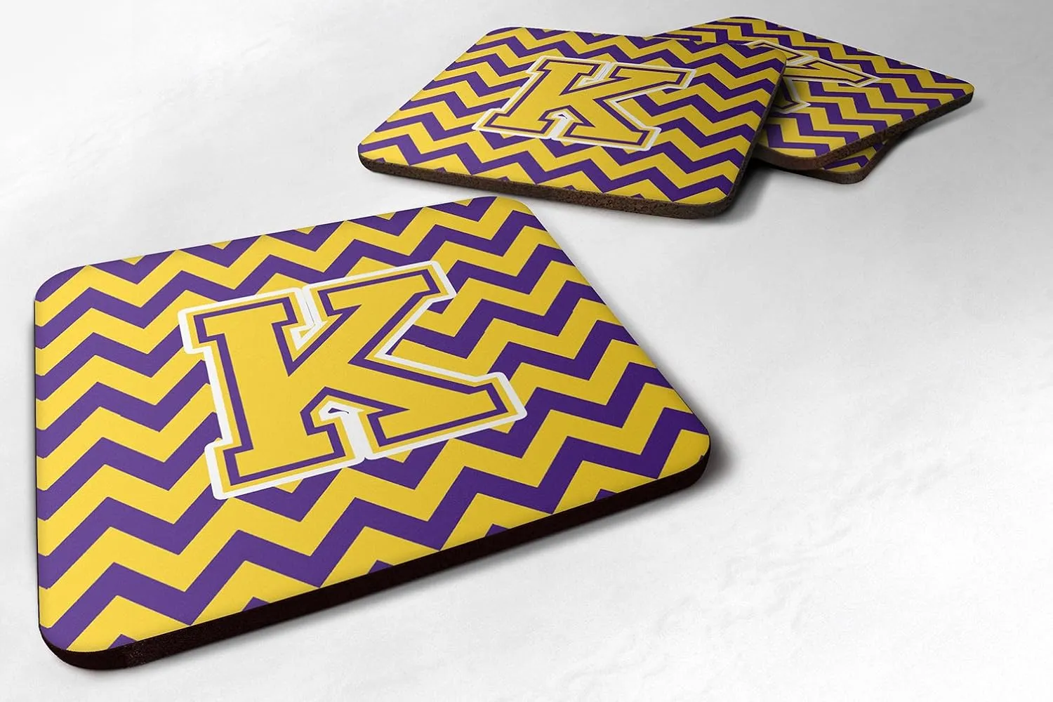 Caroline's Treasures CJ1041-KFC Letter K Chevron Purple and Gold Foam Coaster Set of 4 Set of 4 Cup Coasters for Indoor Outdoor, Tabletop Protection, Anti Slip, Mouse pad Material