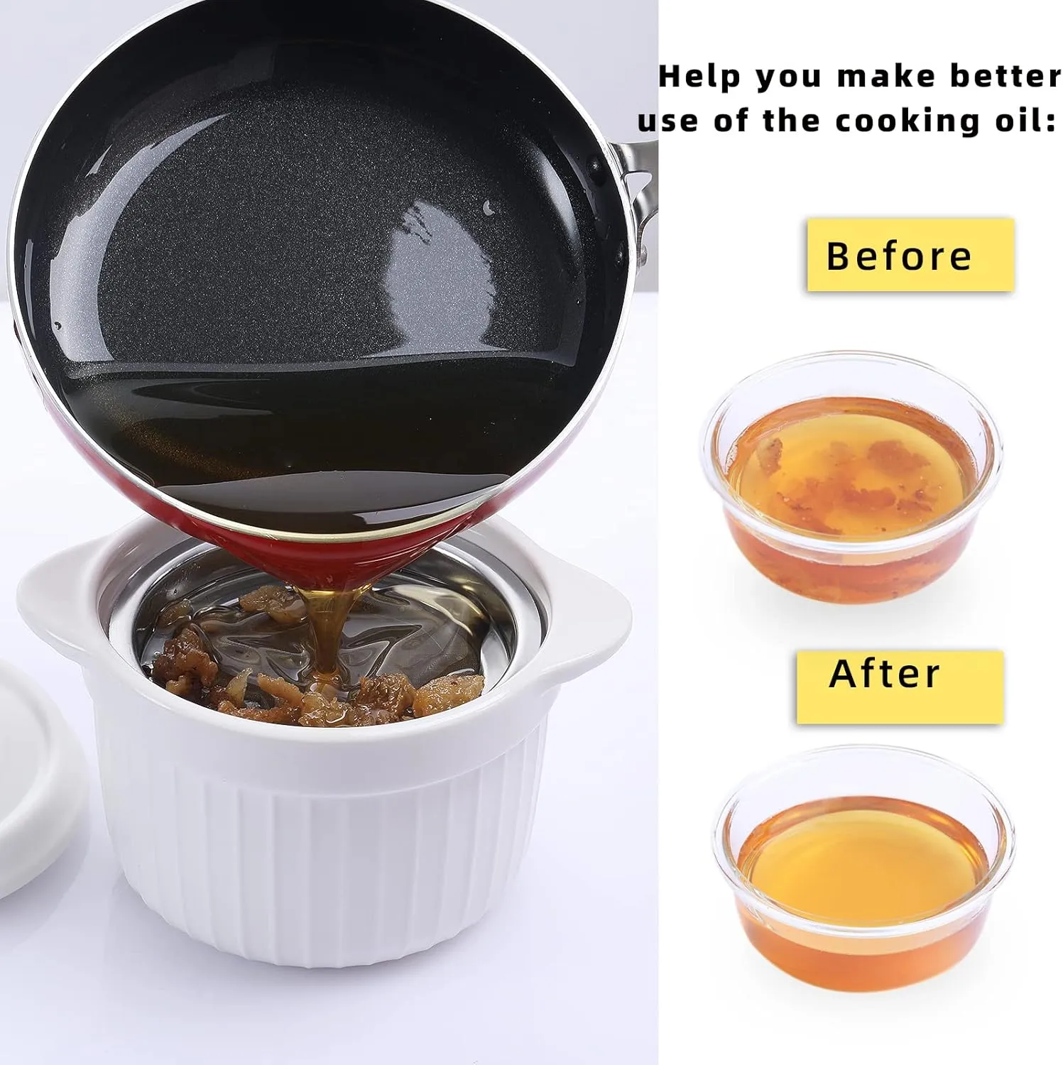 Ceramic Bacon Grease Container Keeper with Strainer, Frying Oil Storage Can, White