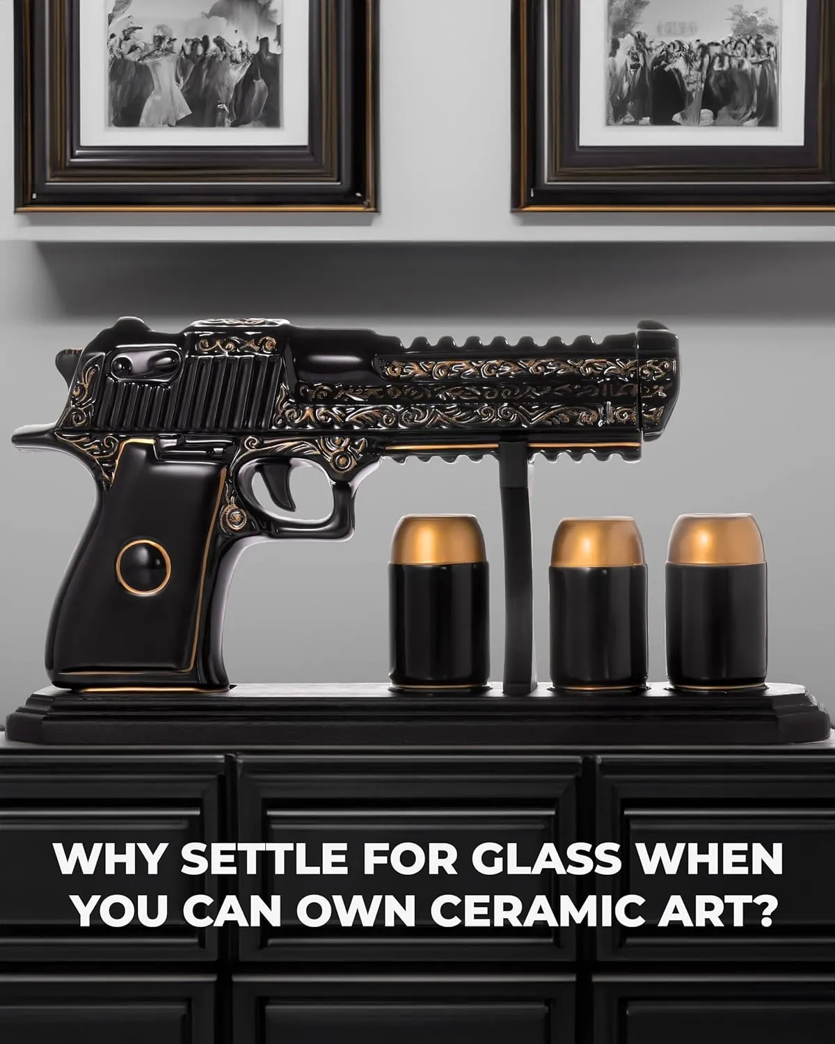 Ceramic Gun Whiskey Decanter Sets for Men 17 Oz 3 Bullet Shot Glasses - Unique Pistol Decanter Tequila Gift - Cool Anniversary Birthday Gifts for Men Dad Husband - Bar Decor Home - Liquor Dispenser