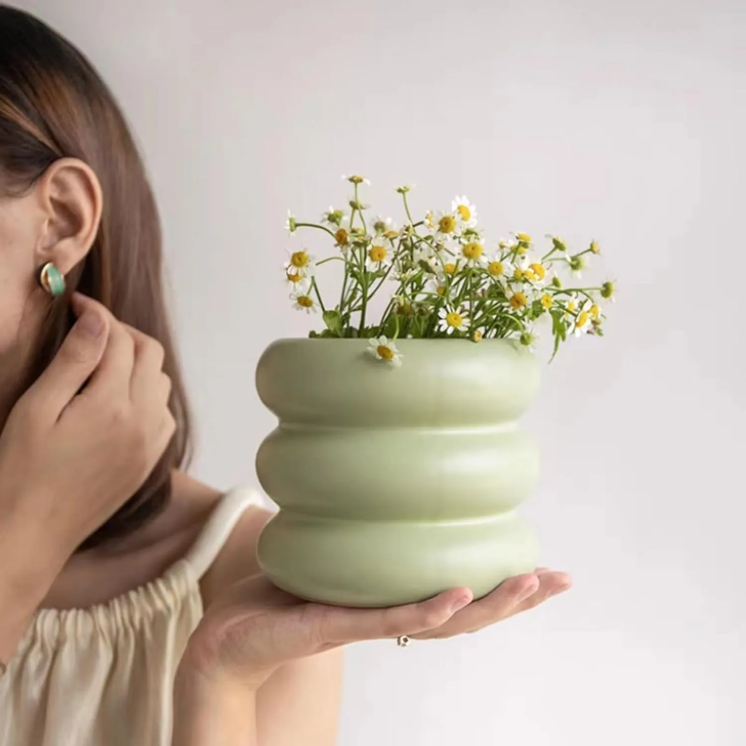Ceramic Plant Pot Indoor, 4.5 Inch Flower Pot with Drainage Hole, Small Bubble Design Ceramic Planter for Home & Office Decor (Green)