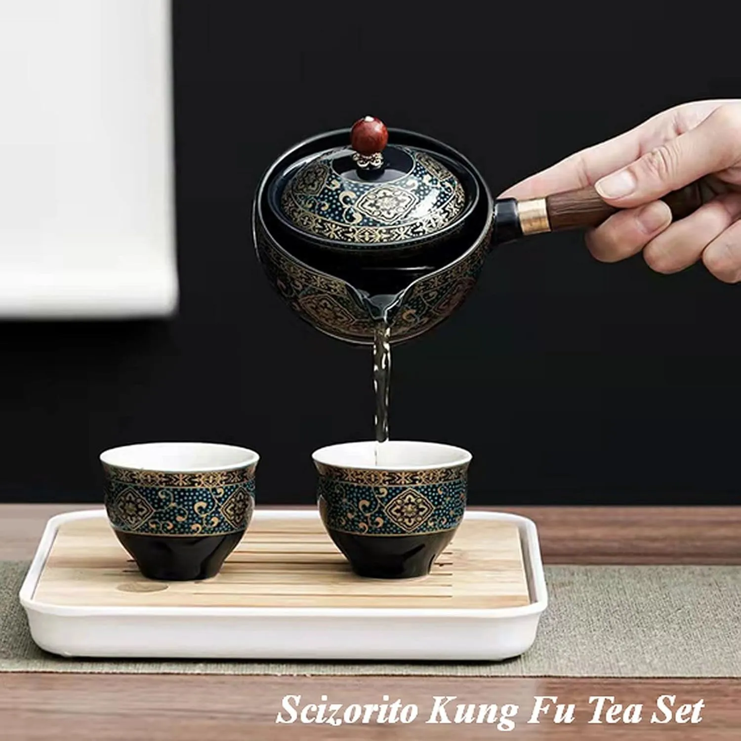 Ceramic Portable Travel Tea Set, Chinese Kungfu Tea Set with 360 Rotation Teapot and Infuser, 4 Tea Cups, Tea Tray And Travel Bag (Floral Blue)