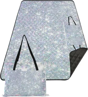 CHIFIGNO Glitter Texture Silver Pink Picnic Blanket Foldable Beach Mat Sand Free Waterproof Outdoor Blankets for Grass 80" x 60"