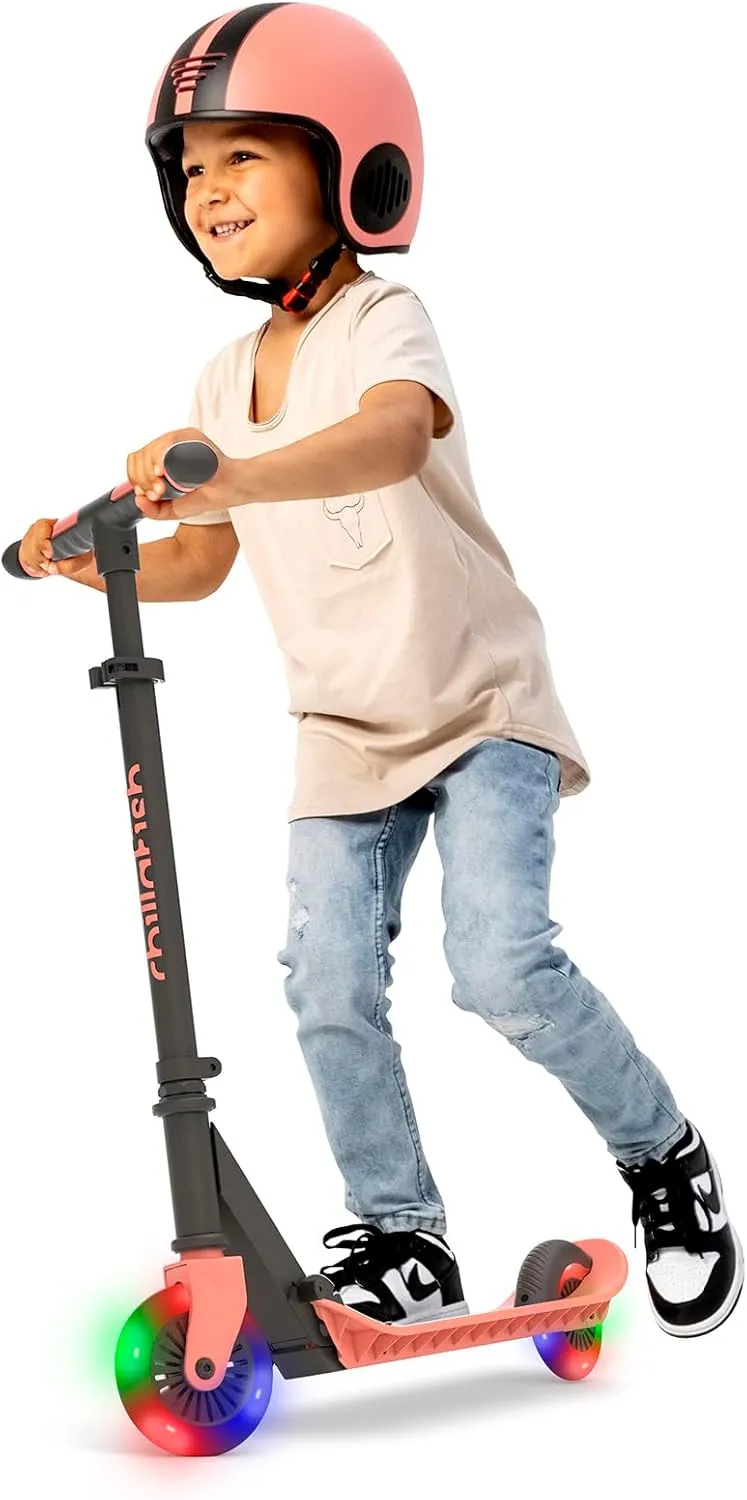 Chillafish Flexxi Mini Glow Foldable 2-Wheeled Scooter with Light-up Wheels, Integrated Brake, Adjustable and Foldable Handlebar, for Kids 5 Years and up, Flamingo