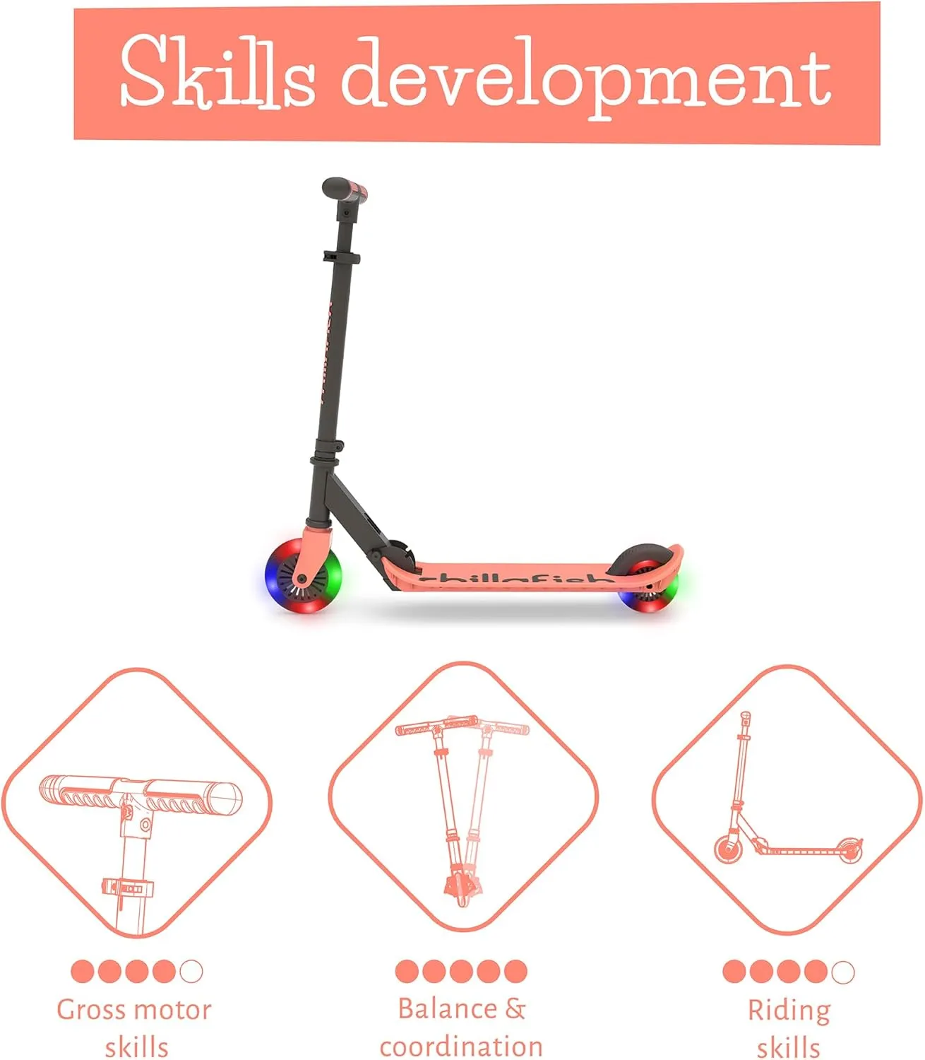 Chillafish Flexxi Mini Glow Foldable 2-Wheeled Scooter with Light-up Wheels, Integrated Brake, Adjustable and Foldable Handlebar, for Kids 5 Years and up, Flamingo
