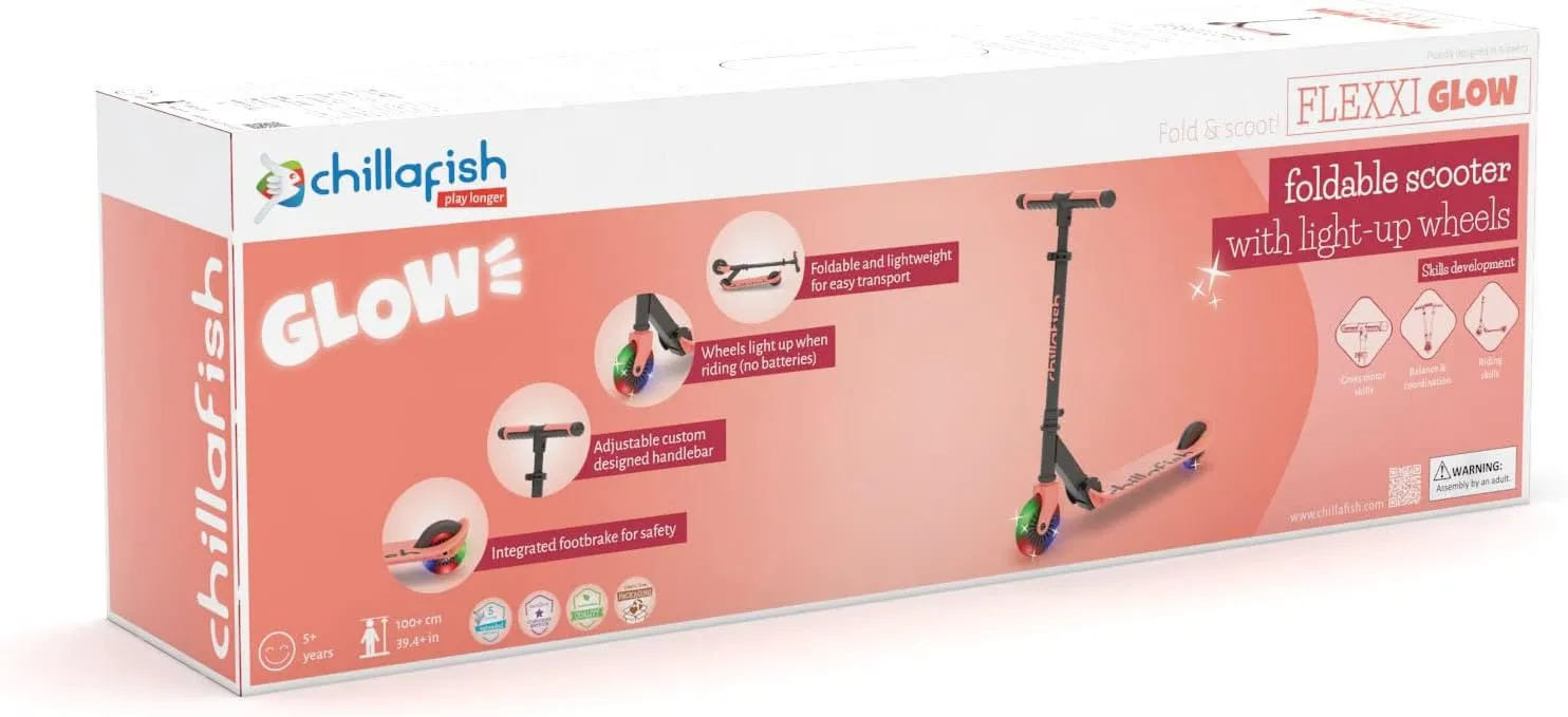 Chillafish Flexxi Mini Glow Foldable 2-Wheeled Scooter with Light-up Wheels, Integrated Brake, Adjustable and Foldable Handlebar, for Kids 5 Years and up, Flamingo