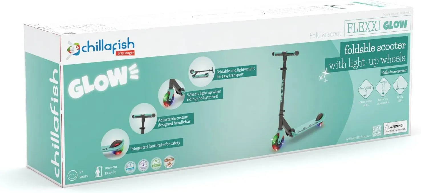 Chillafish Flexxi Mini Glow Foldable 2-Wheeled Scooter with Light-up Wheels, Integrated Brake, Adjustable and Foldable Handlebar, for Kids 5 Years and up, Mint