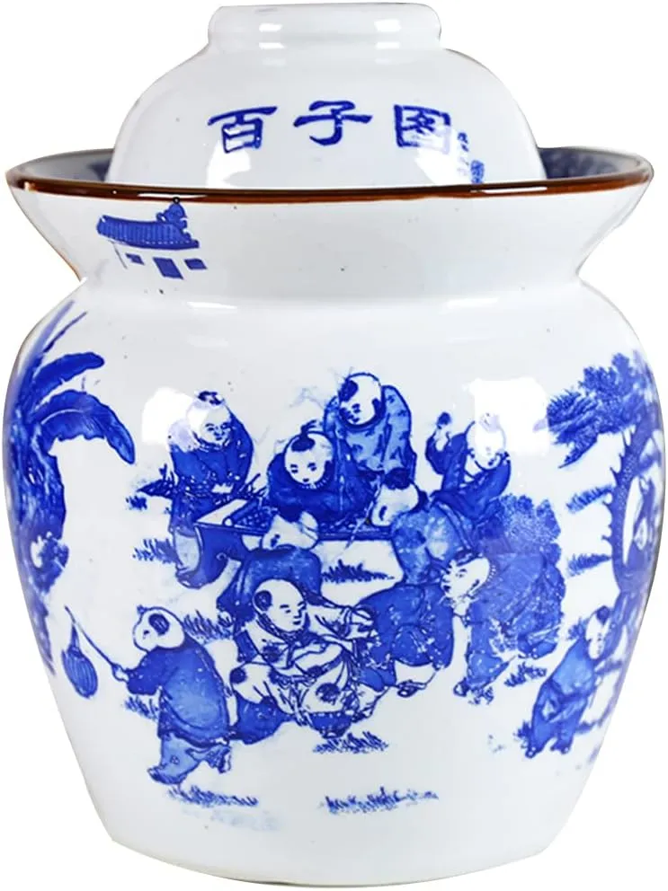 Chinese Porcelain Pickling Jar Kids, Blue Thickened Kimchi Pot with Lid Ceramic Food Storage Sealed Containers, Household Pickles Fermented Foods Turnip Cabbage Ferm 7KG