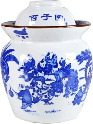 Chinese Porcelain Pickling Jar Kids, Blue Thickened Kimchi Pot with Lid Ceramic Food Storage Sealed Containers, Household Pickles Fermented Foods Turnip Cabbage Ferm 7KG
