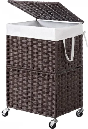 Chrislley 90L Slim Laundry Hamper with Wheels,Rolling Laundry Basket with Lid and Renovable Liner Bag,Handwoven Rattan Organizer for bedroom, bathroom, laundry room (Brown)