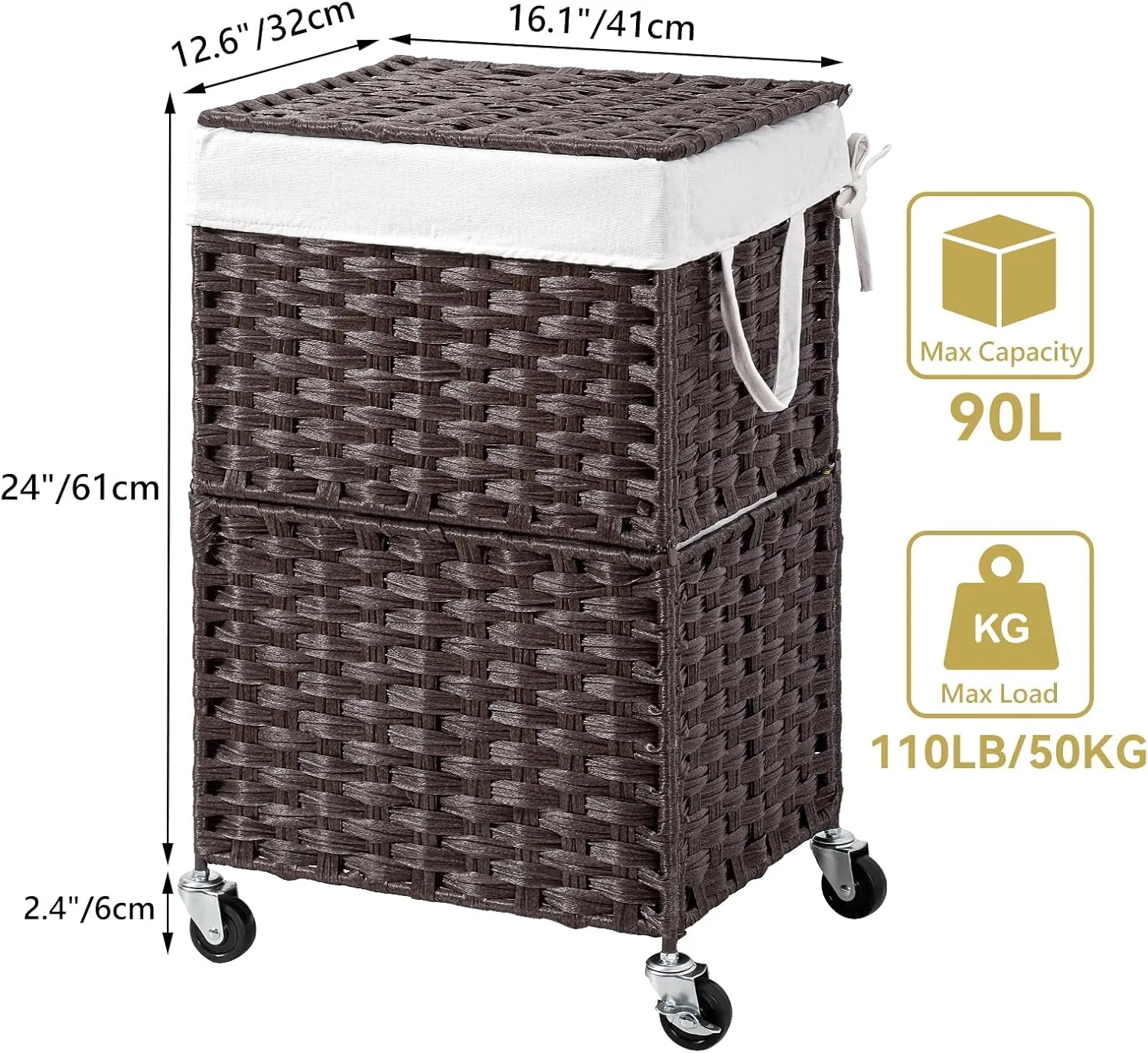 Chrislley 90L Slim Laundry Hamper with Wheels,Rolling Laundry Basket with Lid and Renovable Liner Bag,Handwoven Rattan Organizer for bedroom, bathroom, laundry room (Brown)