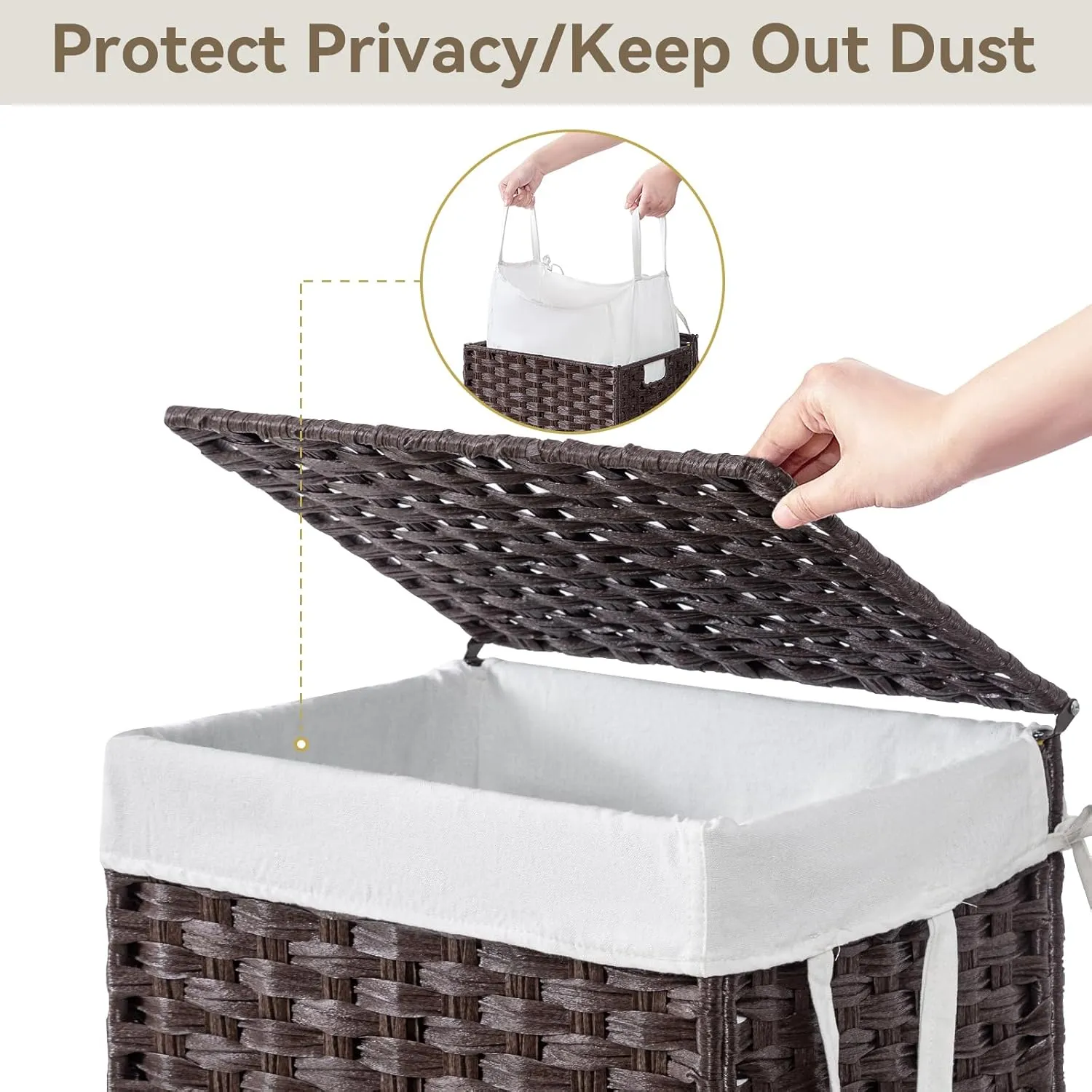 Chrislley 90L Slim Laundry Hamper with Wheels,Rolling Laundry Basket with Lid and Renovable Liner Bag,Handwoven Rattan Organizer for bedroom, bathroom, laundry room (Brown)