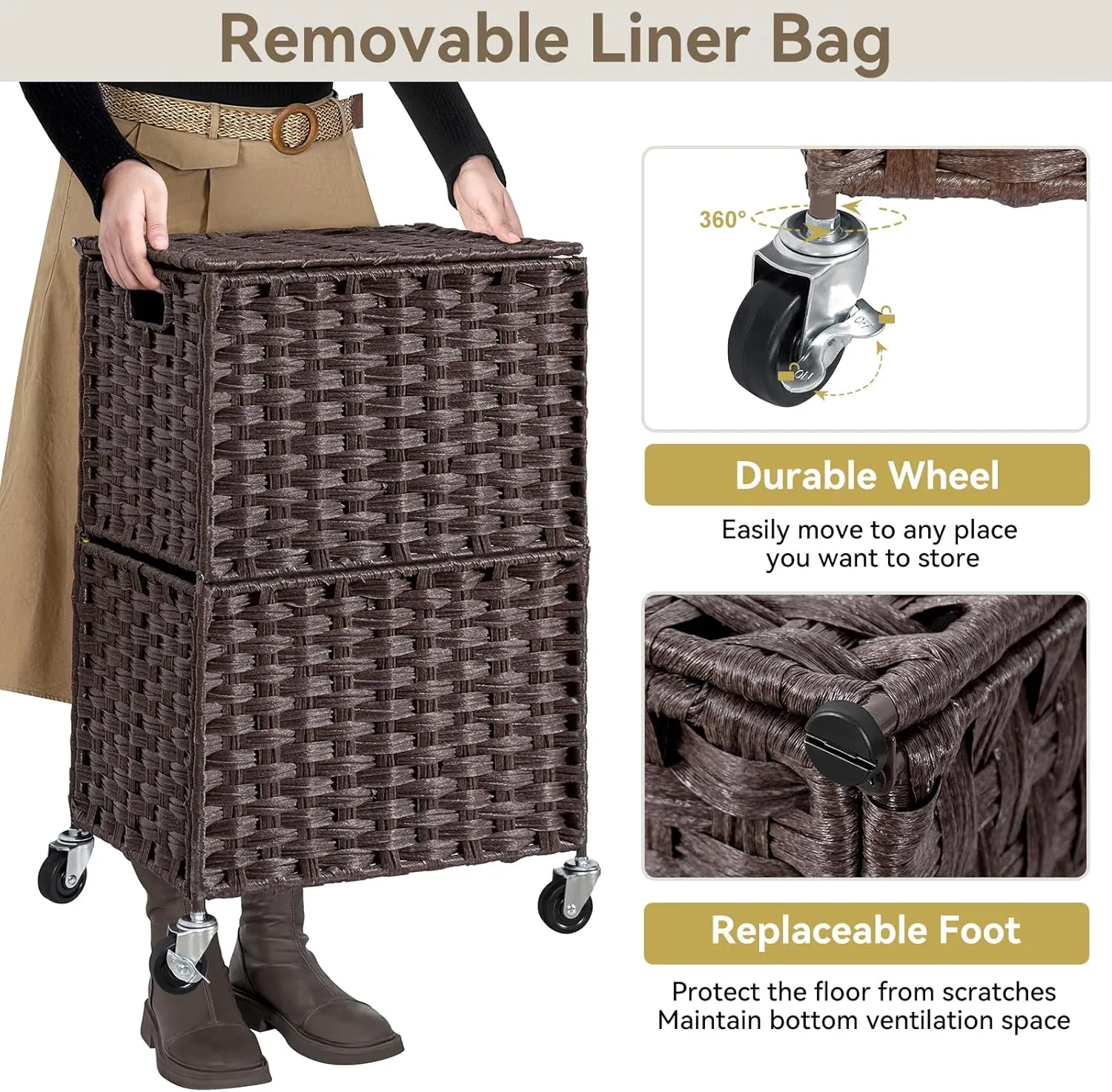 Chrislley 90L Slim Laundry Hamper with Wheels,Rolling Laundry Basket with Lid and Renovable Liner Bag,Handwoven Rattan Organizer for bedroom, bathroom, laundry room (Brown)
