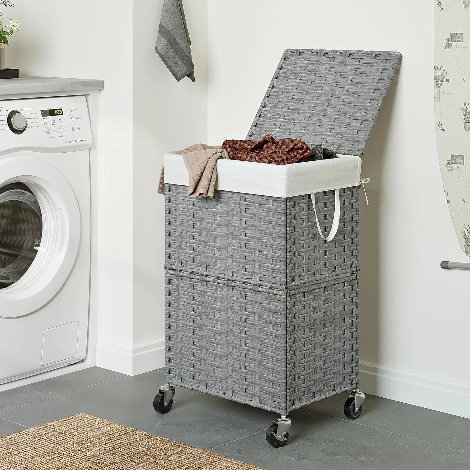 Chrislley 90L Slim Laundry Hamper with Wheels,Rolling Laundry Basket with Lid and Renovable Liner Bag,Handwoven Rattan Organizer for bedroom, bathroom, laundry room (Grey)
