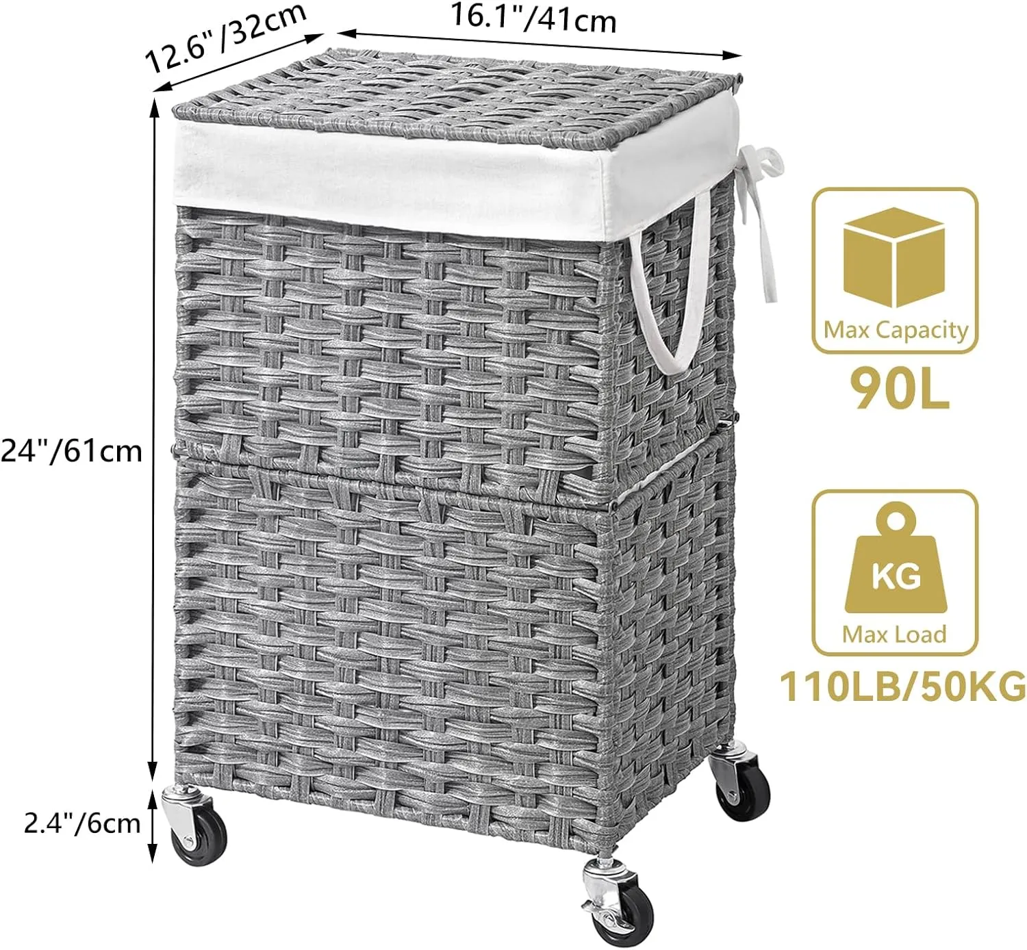 Chrislley 90L Slim Laundry Hamper with Wheels,Rolling Laundry Basket with Lid and Renovable Liner Bag,Handwoven Rattan Organizer for bedroom, bathroom, laundry room (Grey)