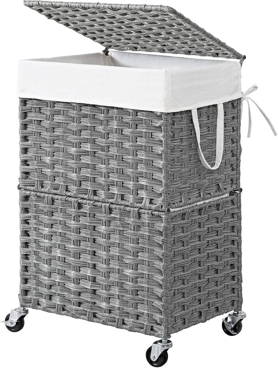 Chrislley 90L Slim Laundry Hamper with Wheels,Rolling Laundry Basket with Lid and Renovable Liner Bag,Handwoven Rattan Organizer for bedroom, bathroom, laundry room (Grey)