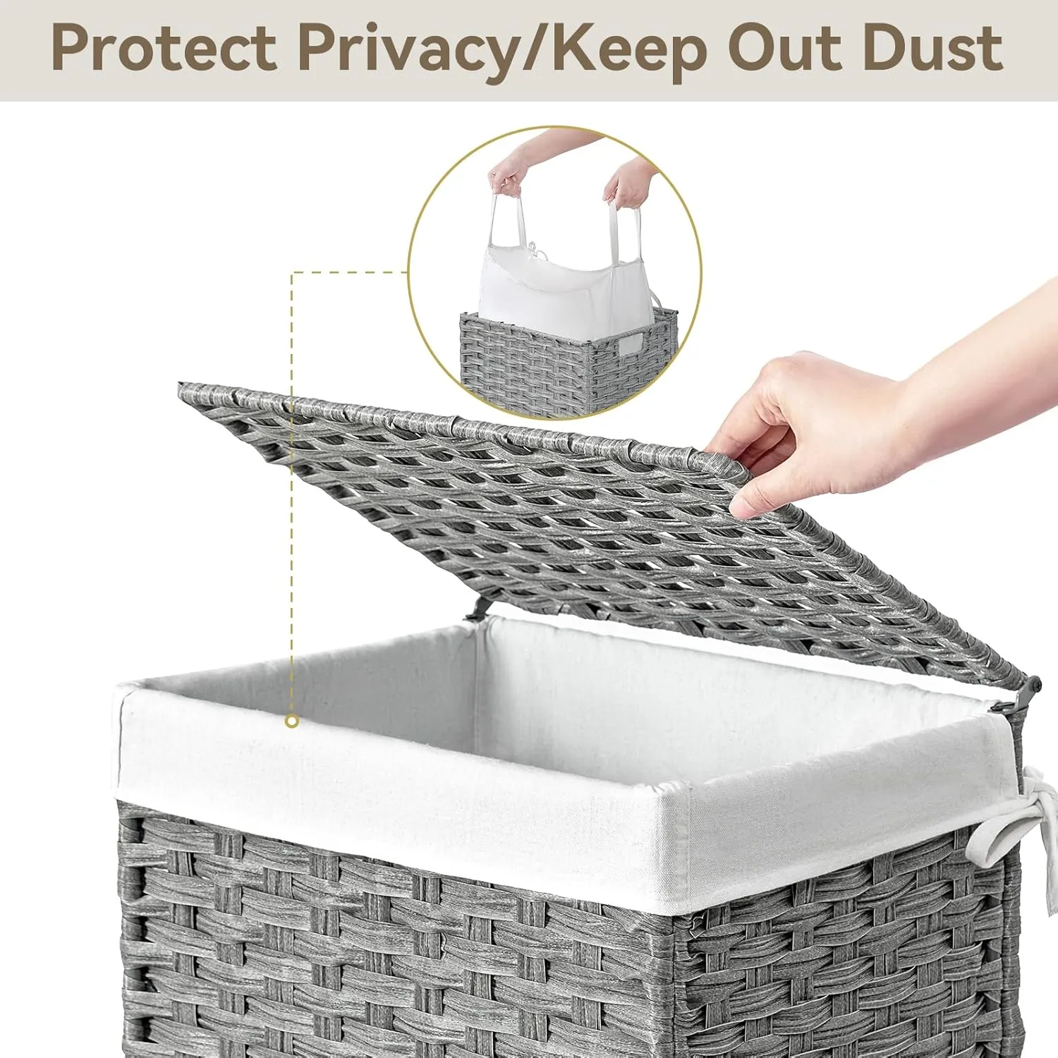 Chrislley 90L Slim Laundry Hamper with Wheels,Rolling Laundry Basket with Lid and Renovable Liner Bag,Handwoven Rattan Organizer for bedroom, bathroom, laundry room (Grey)