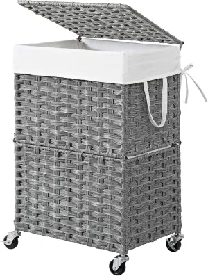 Chrislley 90L Slim Laundry Hamper with Wheels,Rolling Laundry Basket with Lid and Renovable Liner Bag,Handwoven Rattan Organizer for bedroom, bathroom, laundry room (Grey)