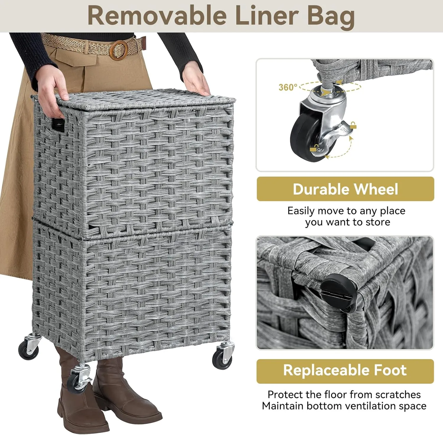 Chrislley 90L Slim Laundry Hamper with Wheels,Rolling Laundry Basket with Lid and Renovable Liner Bag,Handwoven Rattan Organizer for bedroom, bathroom, laundry room (Grey)