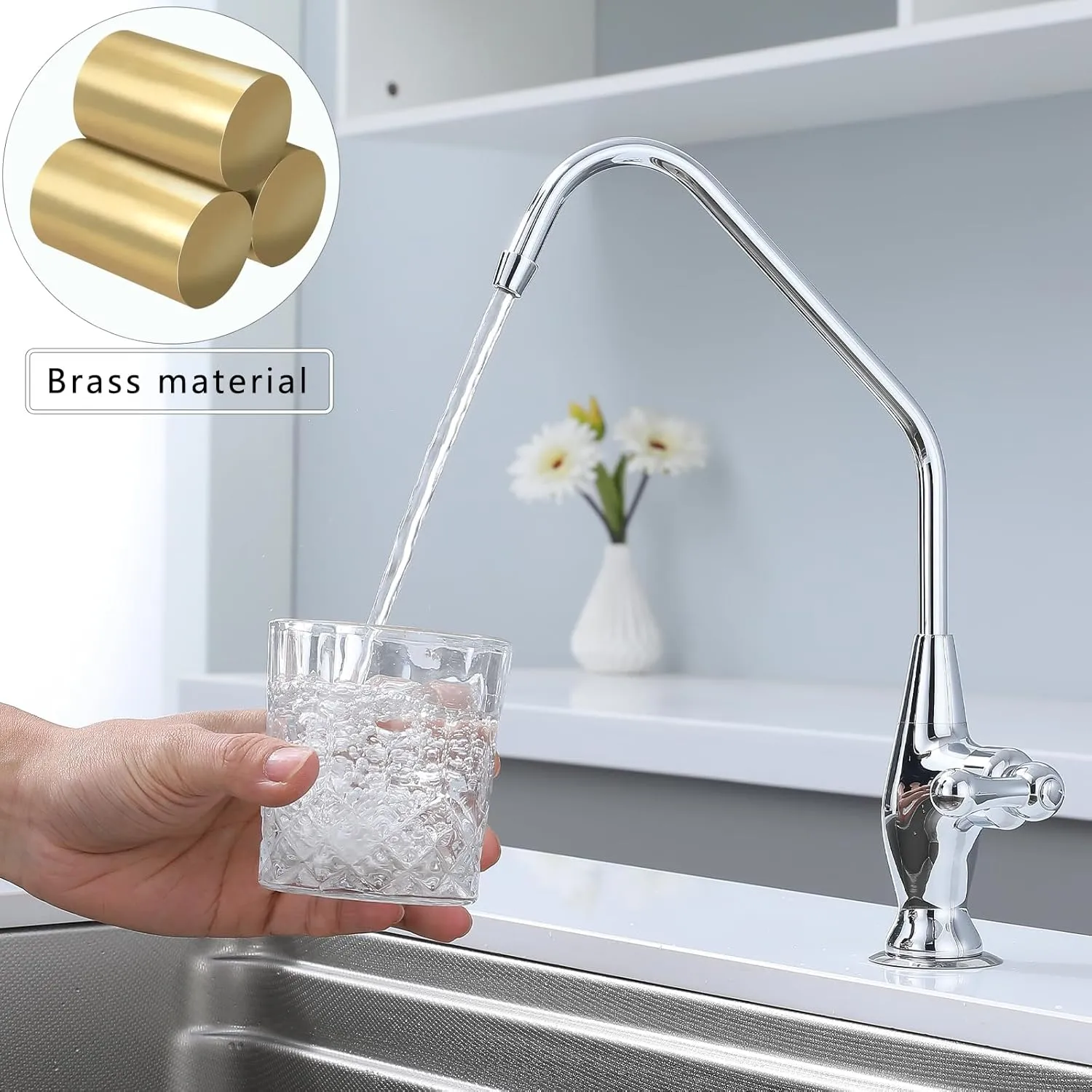 Chrome Brass Drinking Water Purifier Faucet, Reverse Osmosis Tap for Non Air Gap RO Water Filtration System, Kitchen Water Filter RO Faucet for Kitchen Bar Sink