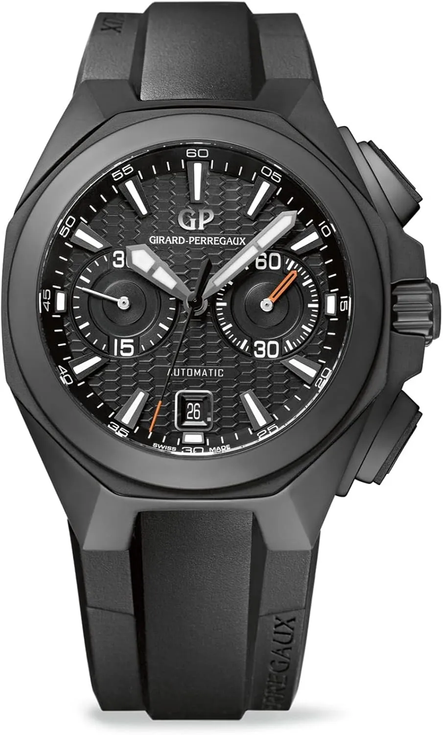 Chrono Hawk Automatic Men's Watch, Black Dial, Black Rubber Band, 44mm Ceramic Case, 100m Water Resistant, Chronograph, Skeleton Face, Deployment Clasp