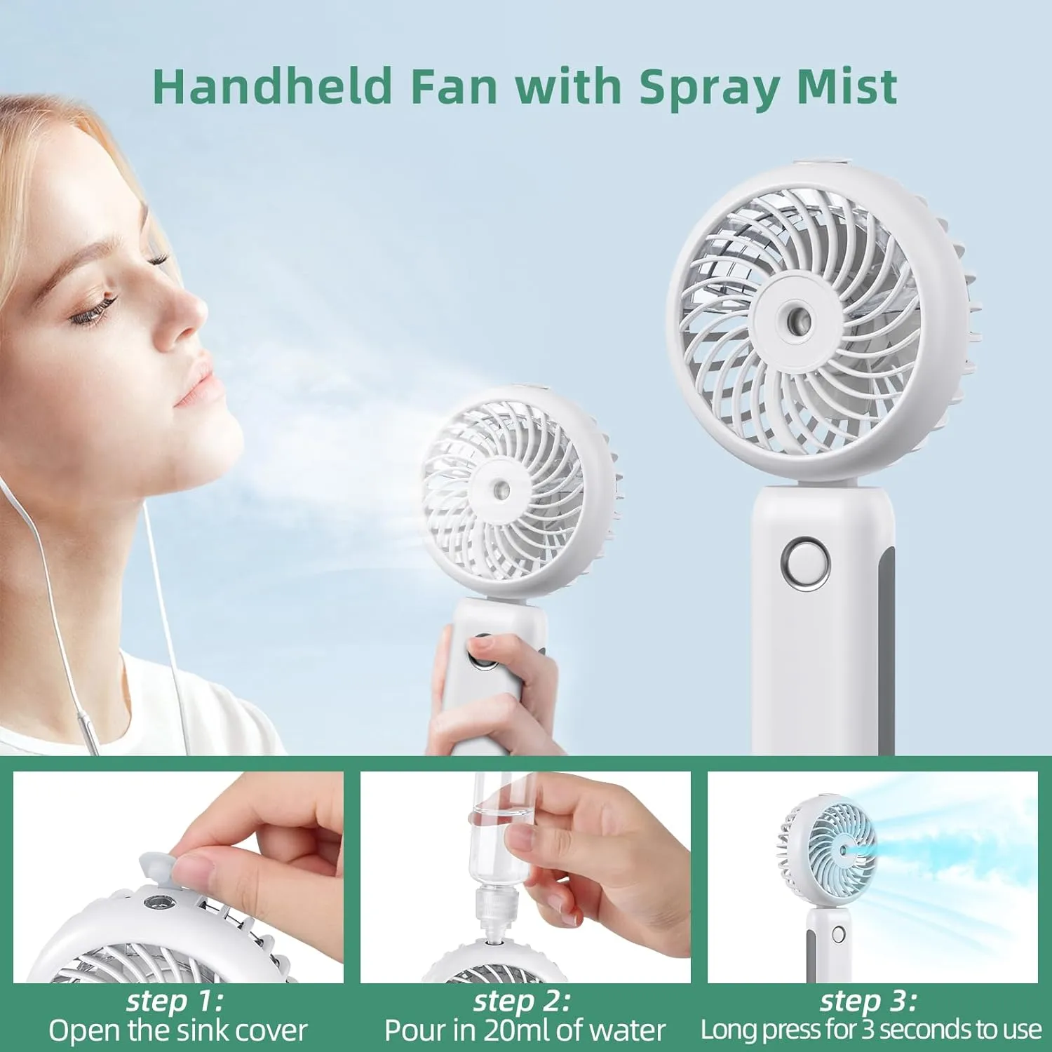 CIVPOWER Misting Fan Portable, Hand Held Fan 90°Adjustable Desk Fan, 4000mAh USB Rechargeable Personal Fan with Water Mist, 5-14 Working Time 3 Speeds Mister Spray Fan (white)