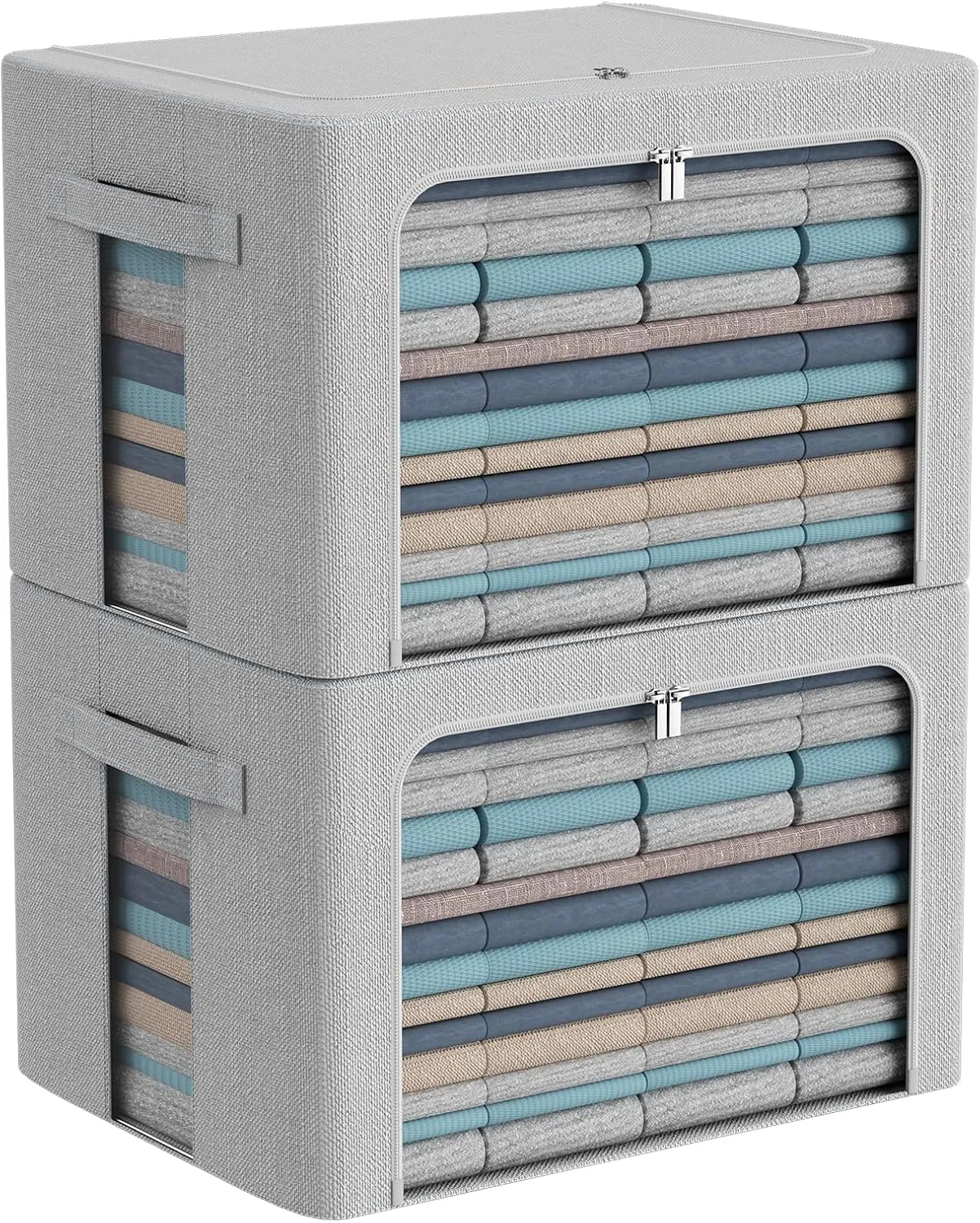 Clothes Storage Bins Box - Foldable Stackable Container Organizer Set with Clear Window & Carry Handles & Metal Frame - 2Pack Large Capacity for Bedding, Blankets, Books