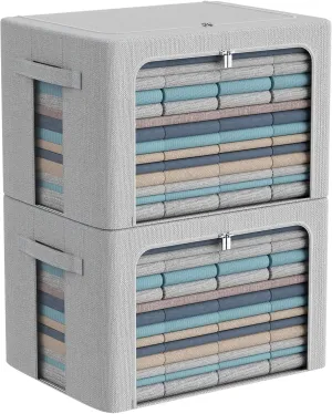 Clothes Storage Bins Box - Foldable Stackable Container Organizer Set with Clear Window & Carry Handles & Metal Frame - 2Pack Large Capacity for Bedding, Blankets, Books