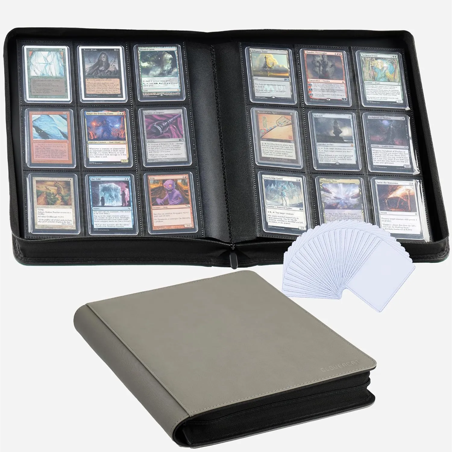 CLOVERCAT 9-Pocket Toploader Card Binder – Holds 252 Cards   20 Removable Sleeves, Trading Card Storage Case for MTG, Yugioh, TCG & Gaming Collections（Grey）