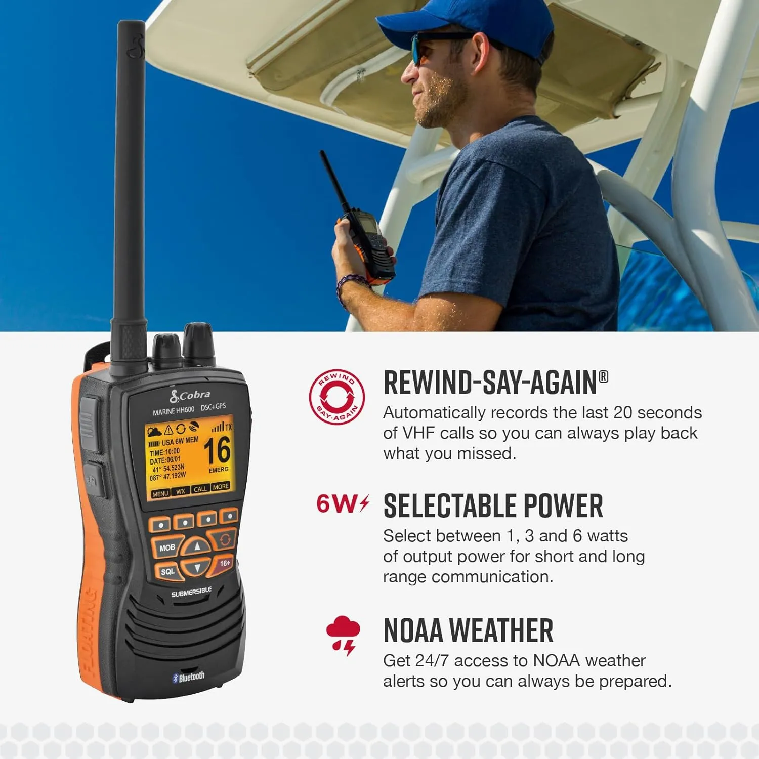 Cobra MR HH600FLTBTGPS Handheld Floating VHF Radio – 6 Watt, GPS, Bluetooth, Submersible, Noise Cancelling Mic, Backlit LCD Display, Memory Scan, Grey