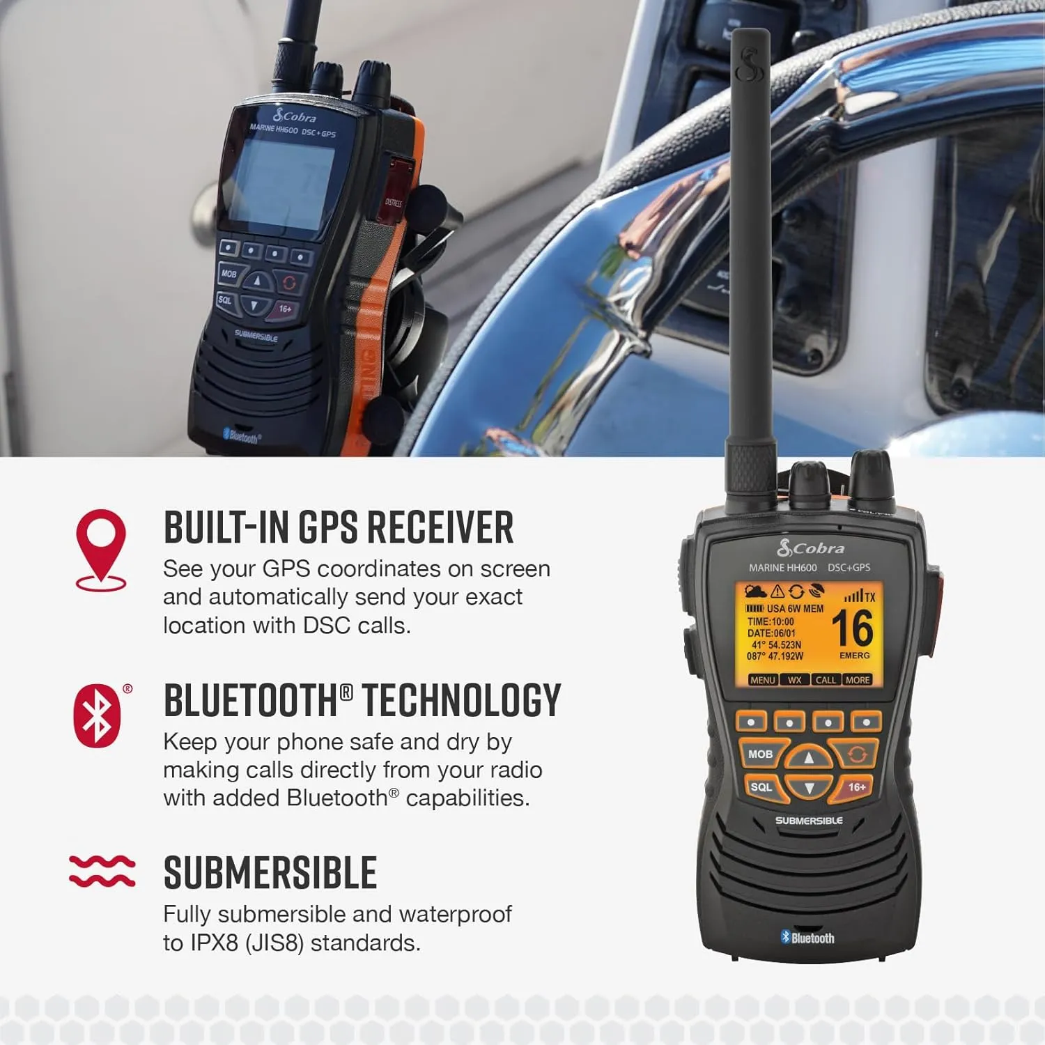 Cobra MR HH600FLTBTGPS Handheld Floating VHF Radio – 6 Watt, GPS, Bluetooth, Submersible, Noise Cancelling Mic, Backlit LCD Display, Memory Scan, Grey