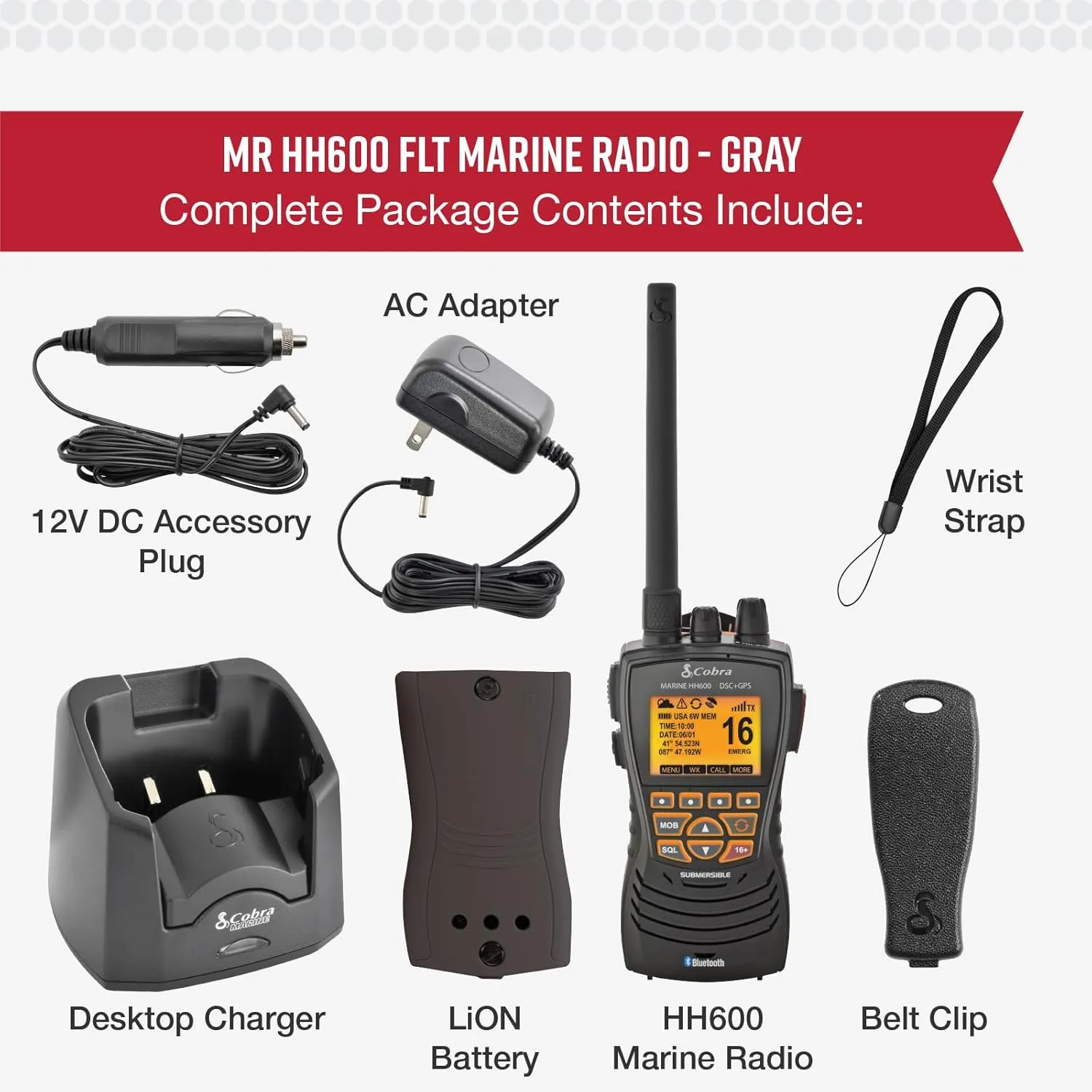 Cobra MR HH600FLTBTGPS Handheld Floating VHF Radio – 6 Watt, GPS, Bluetooth, Submersible, Noise Cancelling Mic, Backlit LCD Display, Memory Scan, Grey