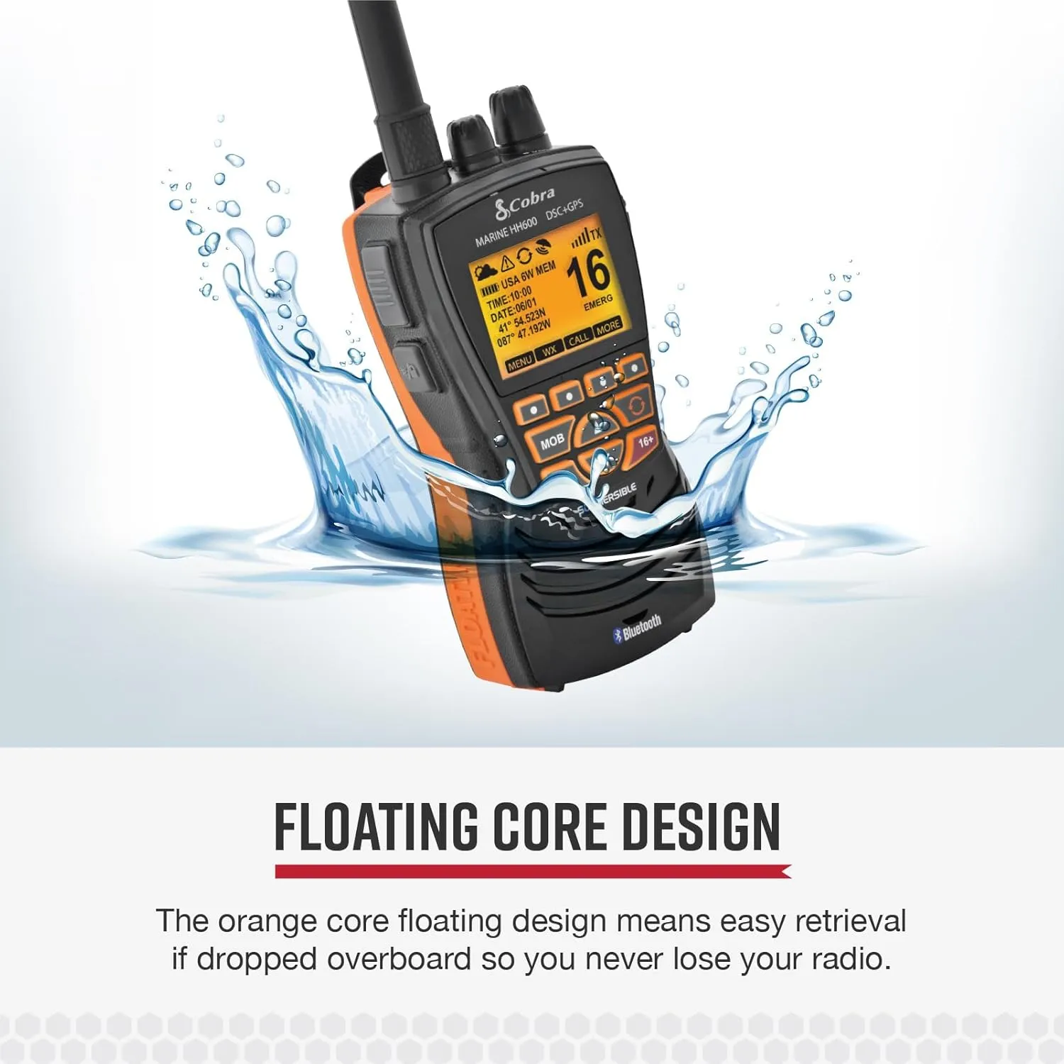 Cobra MR HH600FLTBTGPS Handheld Floating VHF Radio – 6 Watt, GPS, Bluetooth, Submersible, Noise Cancelling Mic, Backlit LCD Display, Memory Scan, Grey