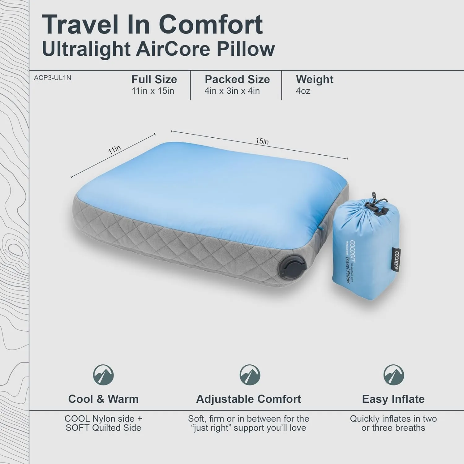 COCOON- Premium - Ultralight AirCore Pillow - Inflatable Camping and Travel Pillow - Regular 11" x 15" (Light Blue)