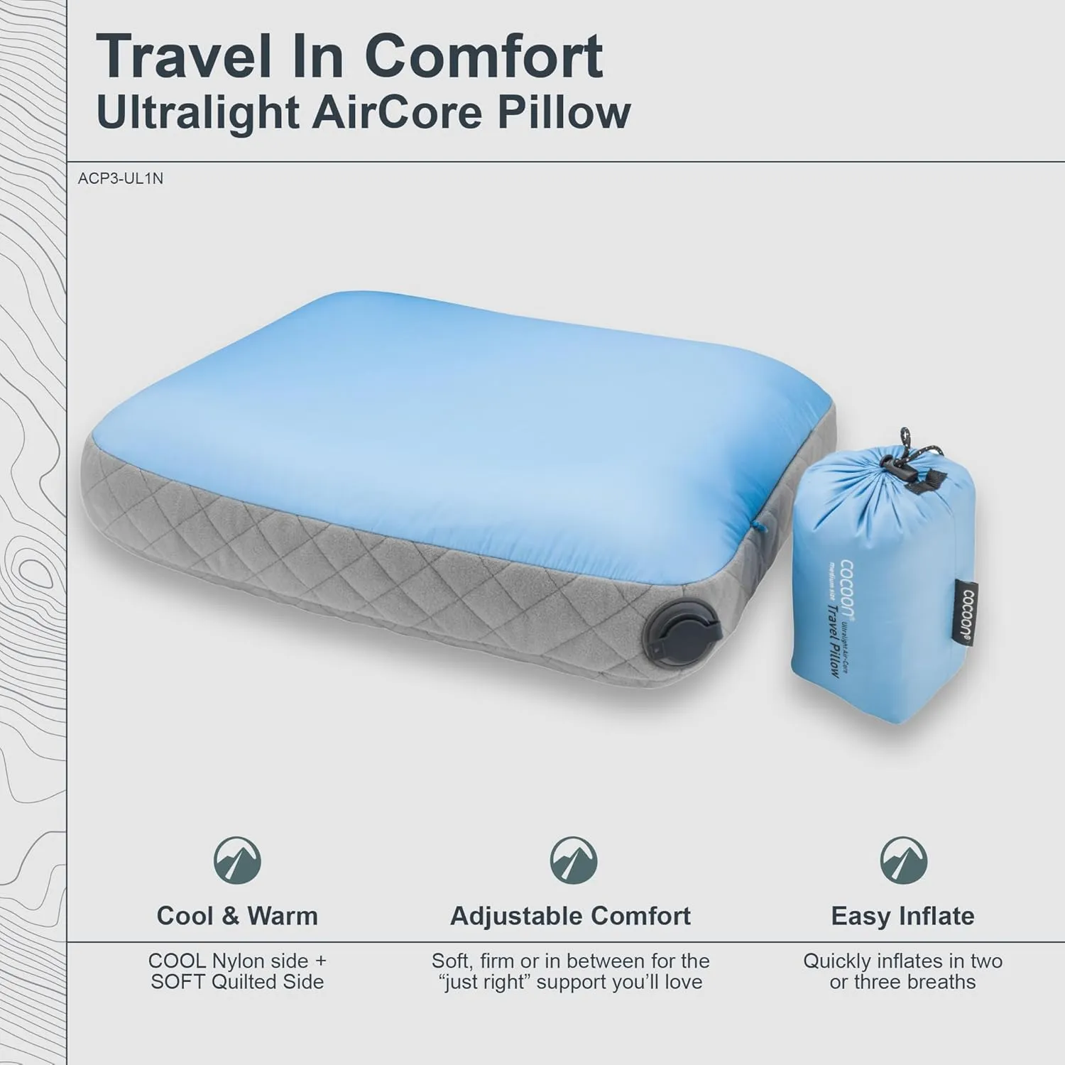 COCOON- Premium - Ultralight AirCore Pillow - Inflatable Camping and Travel Pillow - Regular 11" x 15" (Light Blue)