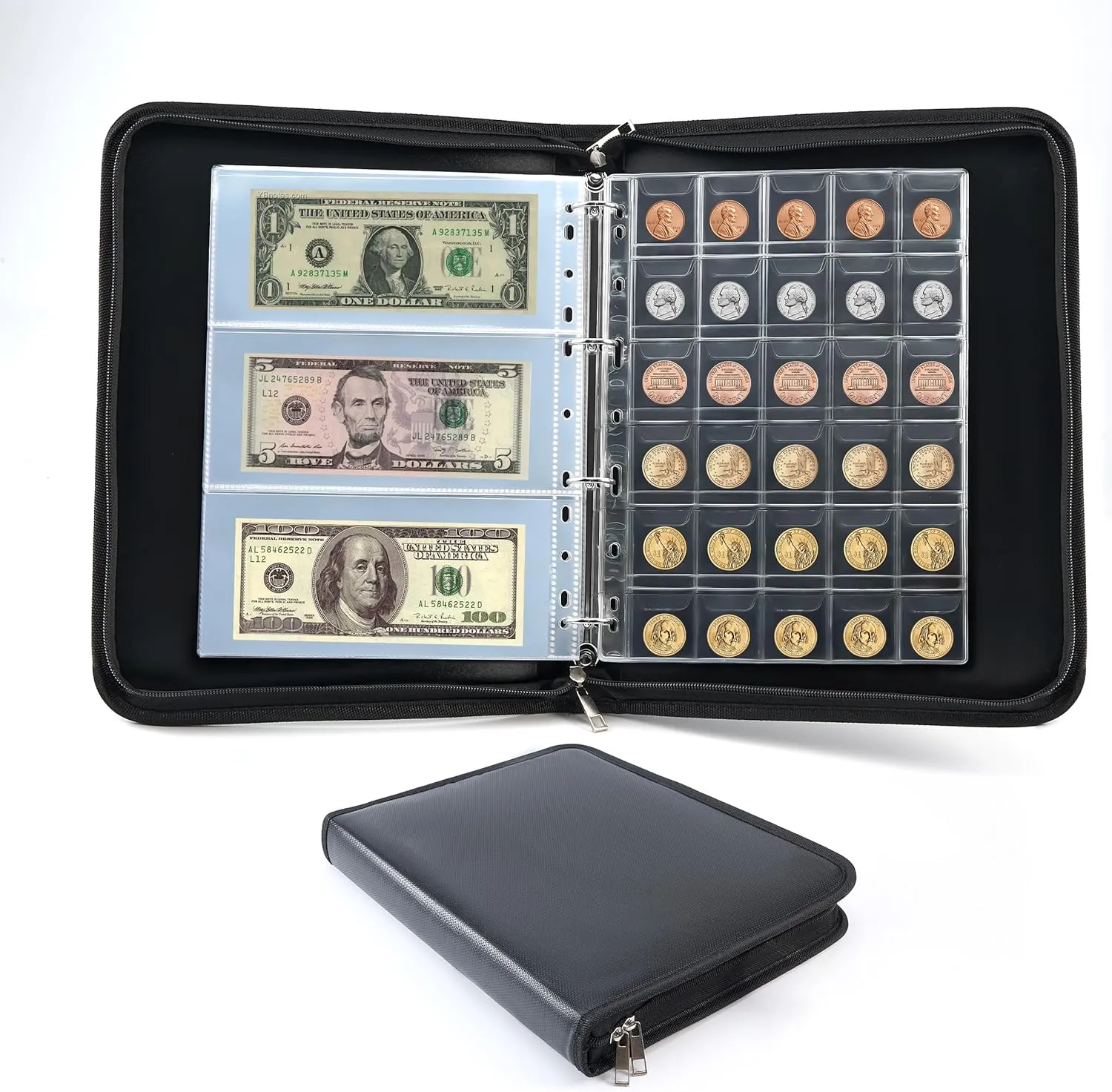 Coin Collection Book with 300 Pockets and 36 Sleeves Money Storage Case, Fireproof and Waterproof Coin Album with Safety Cover for Currency, Bill, Pennies, Quarters, and Stamp Storage, 15 * 12 Inches