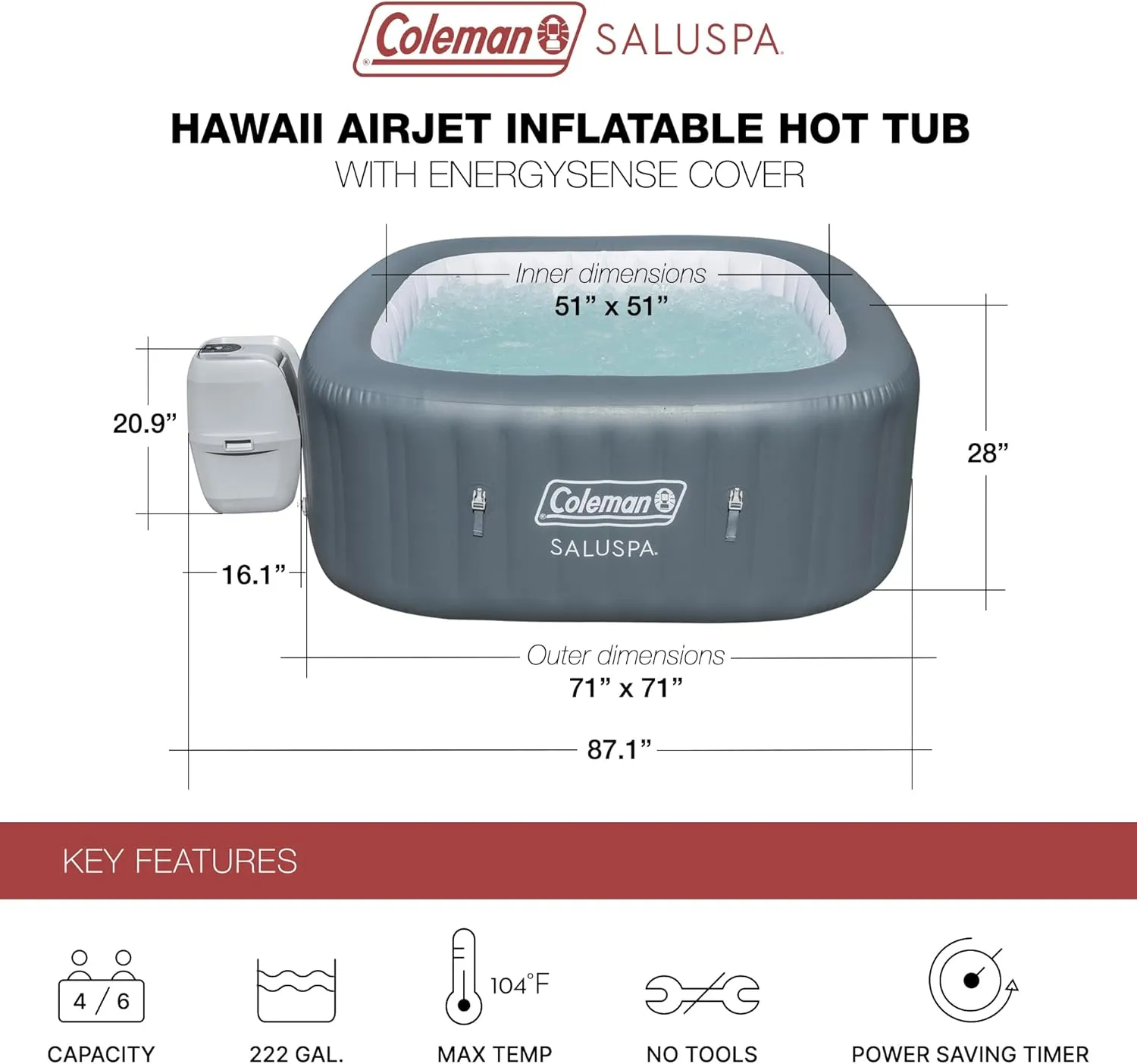 Coleman Hawaii AirJet Large Square 4 to 6 Person Inflatable Hot Tub Portable Outdoor Spa with 140 AirJets and EnergySense Cover, Grey