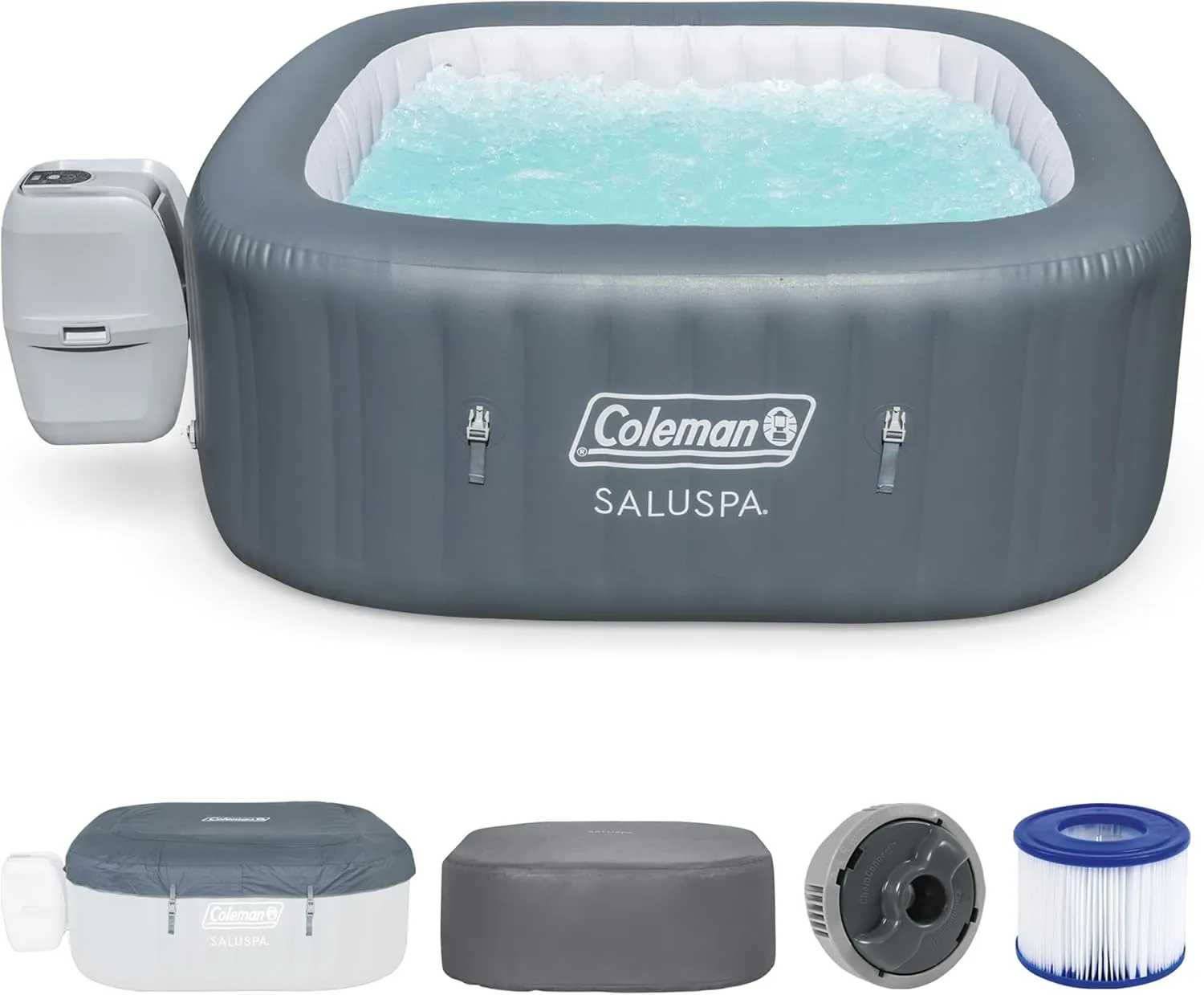 Coleman Hawaii AirJet Large Square 4 to 6 Person Inflatable Hot Tub Portable Outdoor Spa with 140 AirJets and EnergySense Cover, Grey