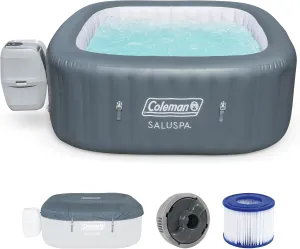 Coleman SaluSpa AirJet 4 to 6 Person Inflatable Hot Tub Square Portable Outdoor Spa with 114 Soothing AirJets and Insulated Cover, Gray