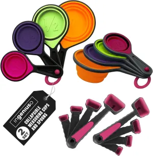 Collapsible Measuring Cups and Nesting Spoons - Adjustable Silicone for Cooking, used for Liquid and Dry Kitchen Items - Portable Portion Control, Dog Food, Kids, Travel, Camper, Space-Saving - 2 Sets